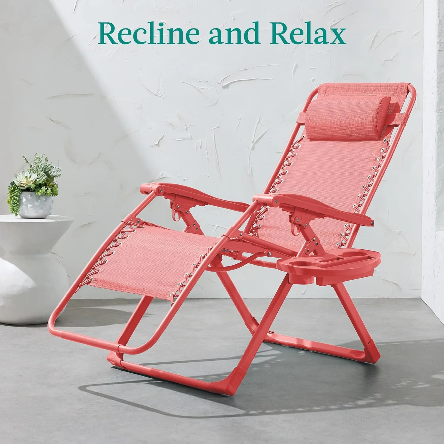 Best Choice Products Adjustable Zero Gravity Chair, Monochromatic Color Folding Patio Recliner w/Side Tray, Headrest - Coral