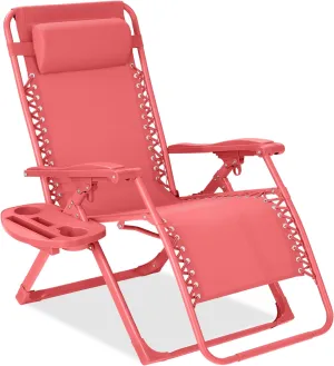 Best Choice Products Adjustable Zero Gravity Chair, Monochromatic Color Folding Patio Recliner w/Side Tray, Headrest - Coral