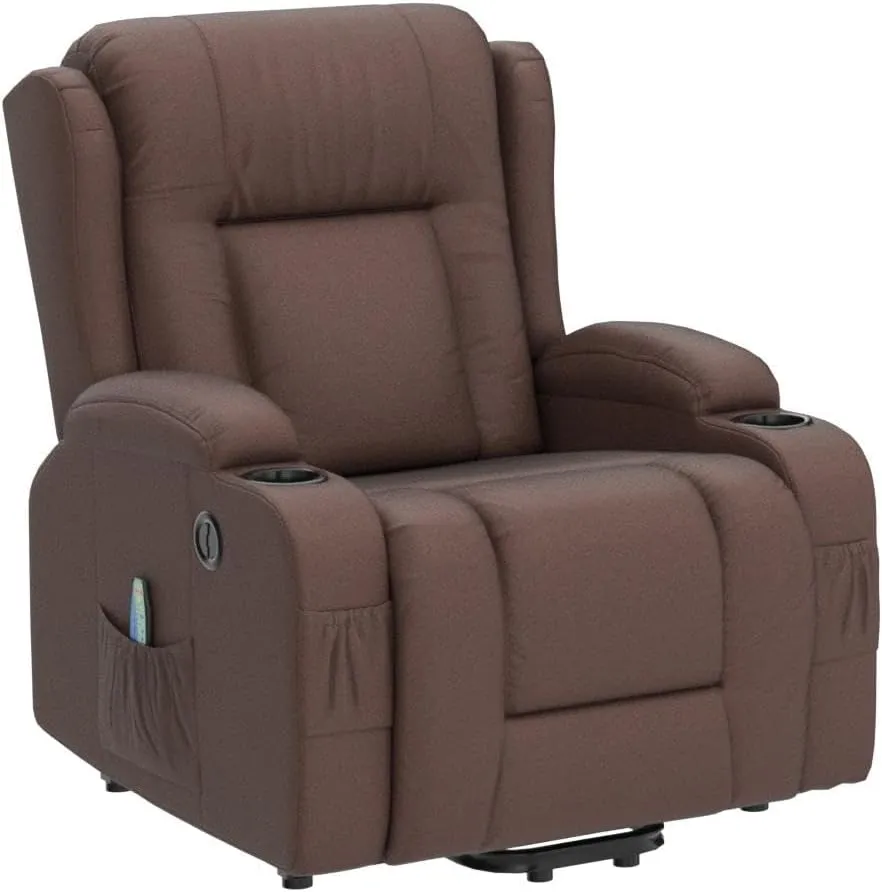 Best Choice Products Modern Linen Electric Power Lift Chair, Recliner Massage Chair, Adjustable Furniture for Back, Legs w/ 3 Positions, USB Port, Heat, Cupholders, Easy-to-Reach Button - Brown