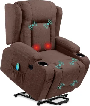 Best Choice Products Modern Linen Electric Power Lift Chair, Recliner Massage Chair, Adjustable Furniture for Back, Legs w/ 3 Positions, USB Port, Heat, Cupholders, Easy-to-Reach Button - Brown