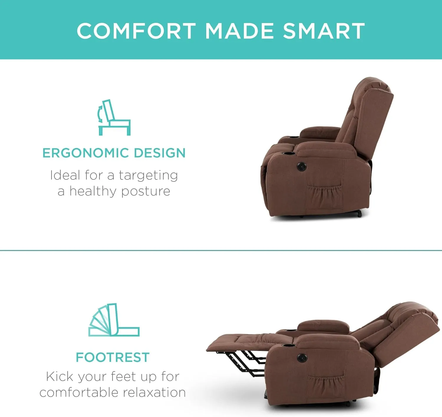 Best Choice Products Modern Linen Electric Power Lift Chair, Recliner Massage Chair, Adjustable Furniture for Back, Legs w/ 3 Positions, USB Port, Heat, Cupholders, Easy-to-Reach Button - Brown