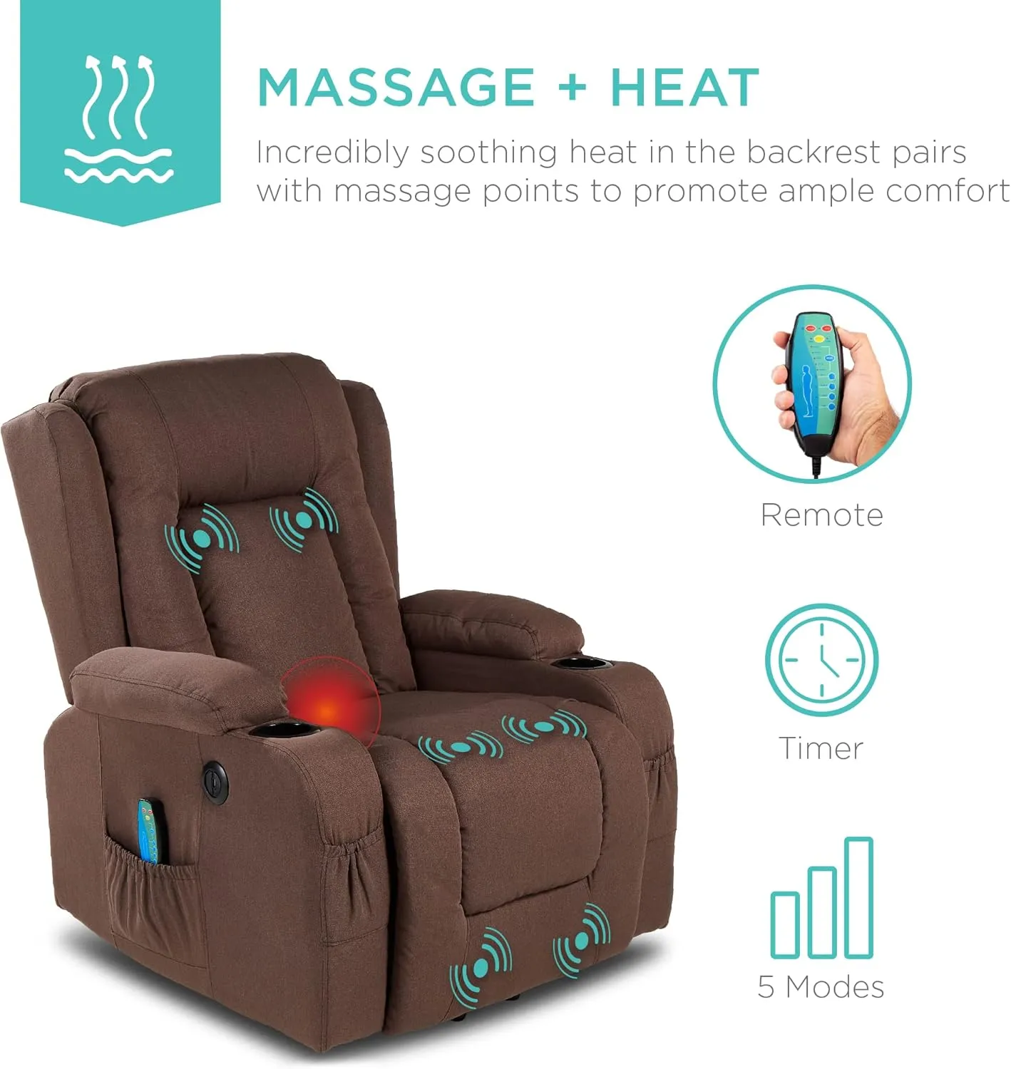 Best Choice Products Modern Linen Electric Power Lift Chair, Recliner Massage Chair, Adjustable Furniture for Back, Legs w/ 3 Positions, USB Port, Heat, Cupholders, Easy-to-Reach Button - Brown
