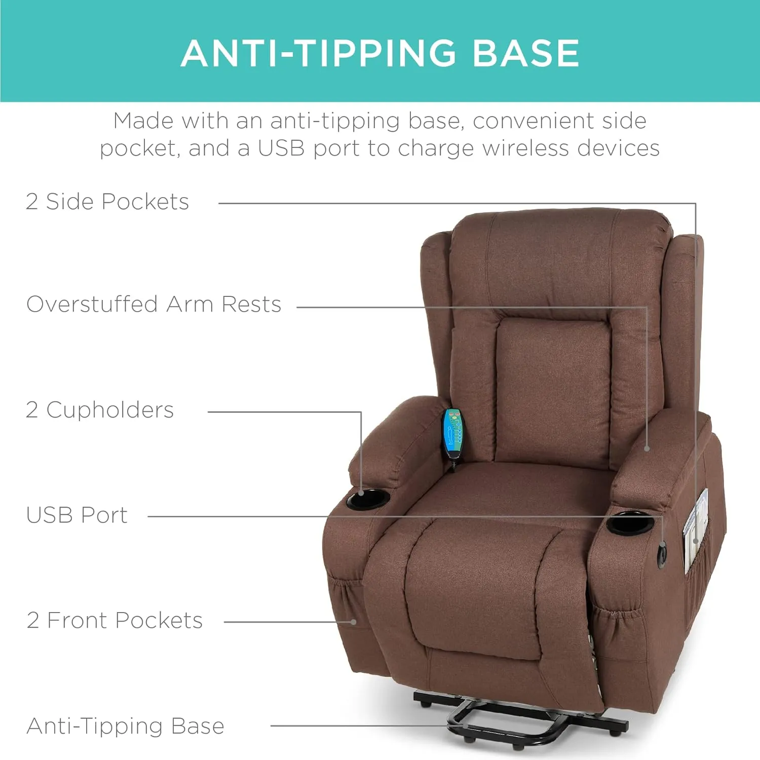 Best Choice Products Modern Linen Electric Power Lift Chair, Recliner Massage Chair, Adjustable Furniture for Back, Legs w/ 3 Positions, USB Port, Heat, Cupholders, Easy-to-Reach Button - Brown