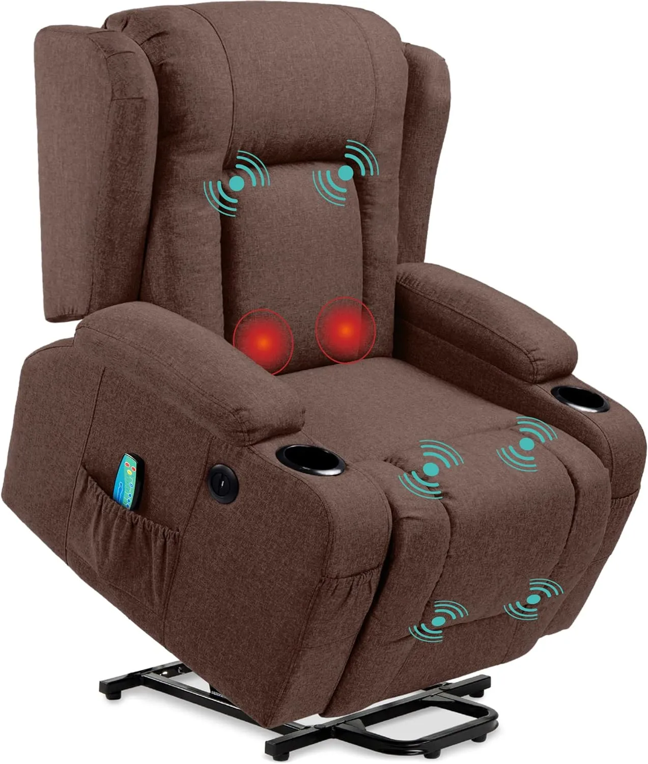 Best Choice Products Modern Linen Electric Power Lift Chair, Recliner Massage Chair, Adjustable Furniture for Back, Legs w/ 3 Positions, USB Port, Heat, Cupholders, Easy-to-Reach Button - Brown