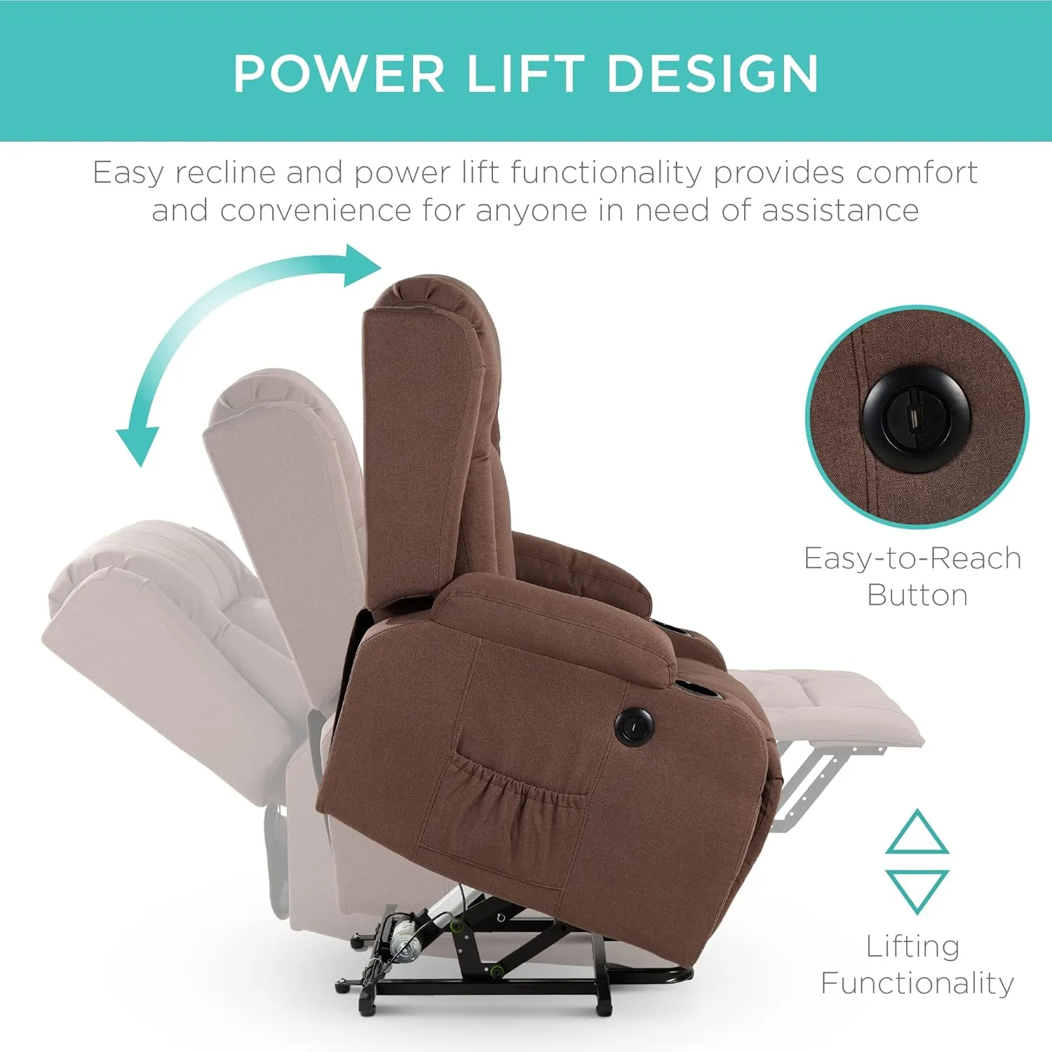 Best Choice Products Modern Linen Electric Power Lift Chair, Recliner Massage Chair, Adjustable Furniture for Back, Legs w/ 3 Positions, USB Port, Heat, Cupholders, Easy-to-Reach Button - Brown