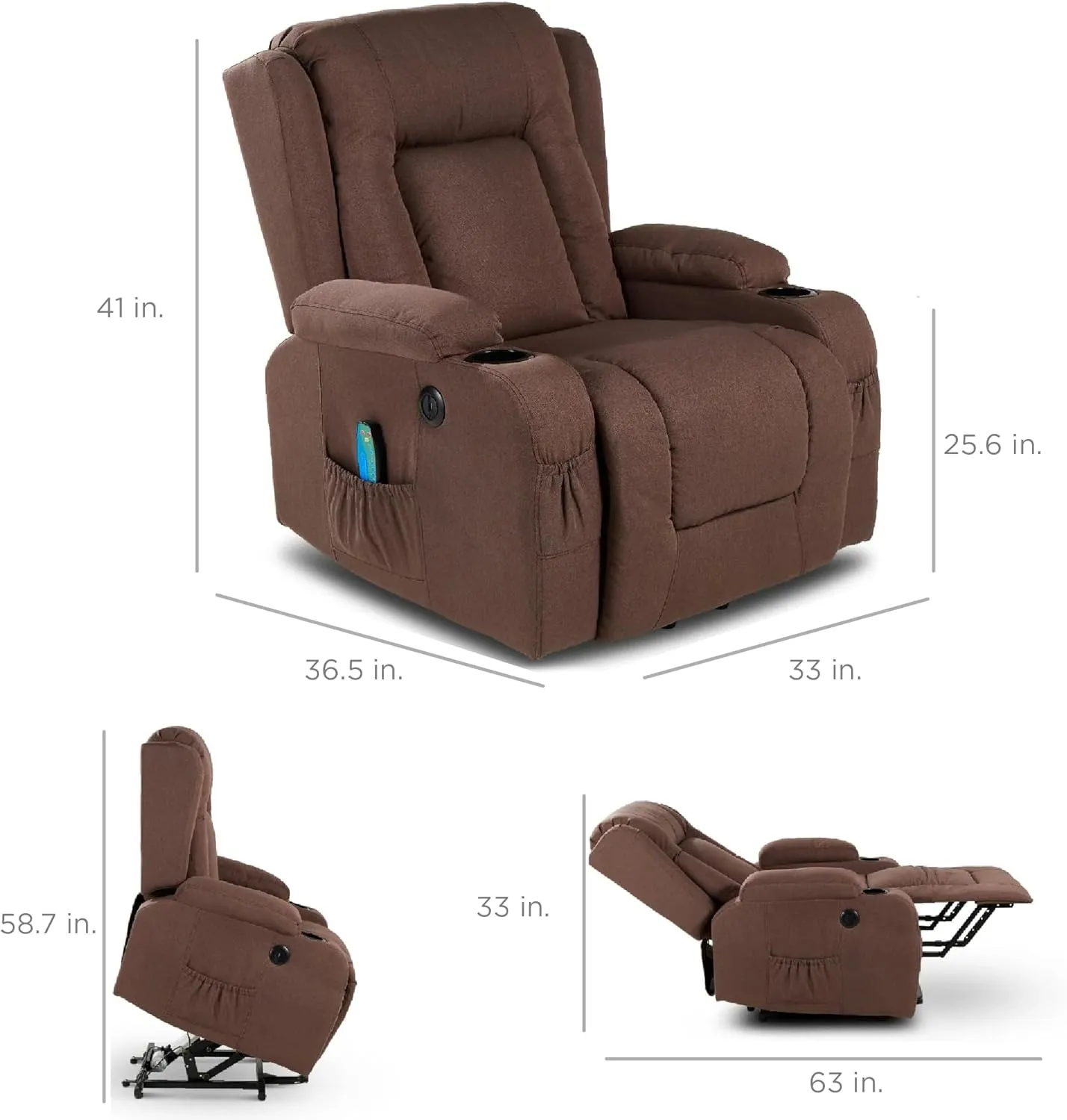 Best Choice Products Modern Linen Electric Power Lift Chair, Recliner Massage Chair, Adjustable Furniture for Back, Legs w/ 3 Positions, USB Port, Heat, Cupholders, Easy-to-Reach Button - Brown