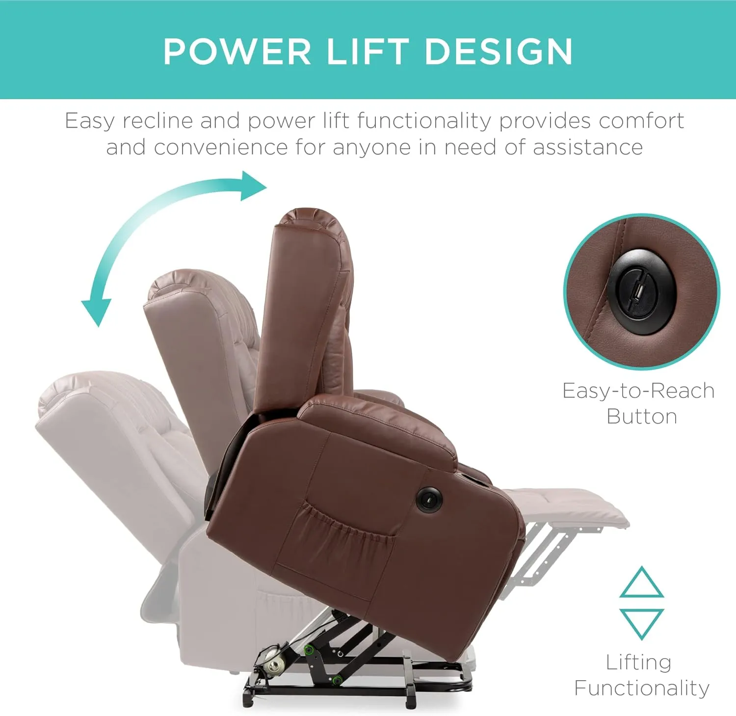 Best Choice Products PU Leather Electric Power Lift Chair, Recliner Massage Chair, Adjustable Furniture for Back, Legs w/ 3 Positions, USB Port, Heat, Cupholders, Easy-to-Reach Side Button - Brown