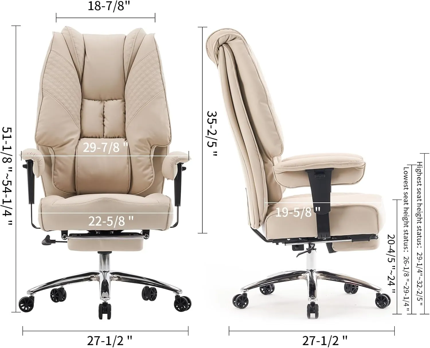 Big and Tall Office Chair 400lbs Wide Seat, Leather High Back Executive Office Chair with Foot Rest, Ergonomic Chairs Lumbar Support for Lower Back Pain Relief (Beige)