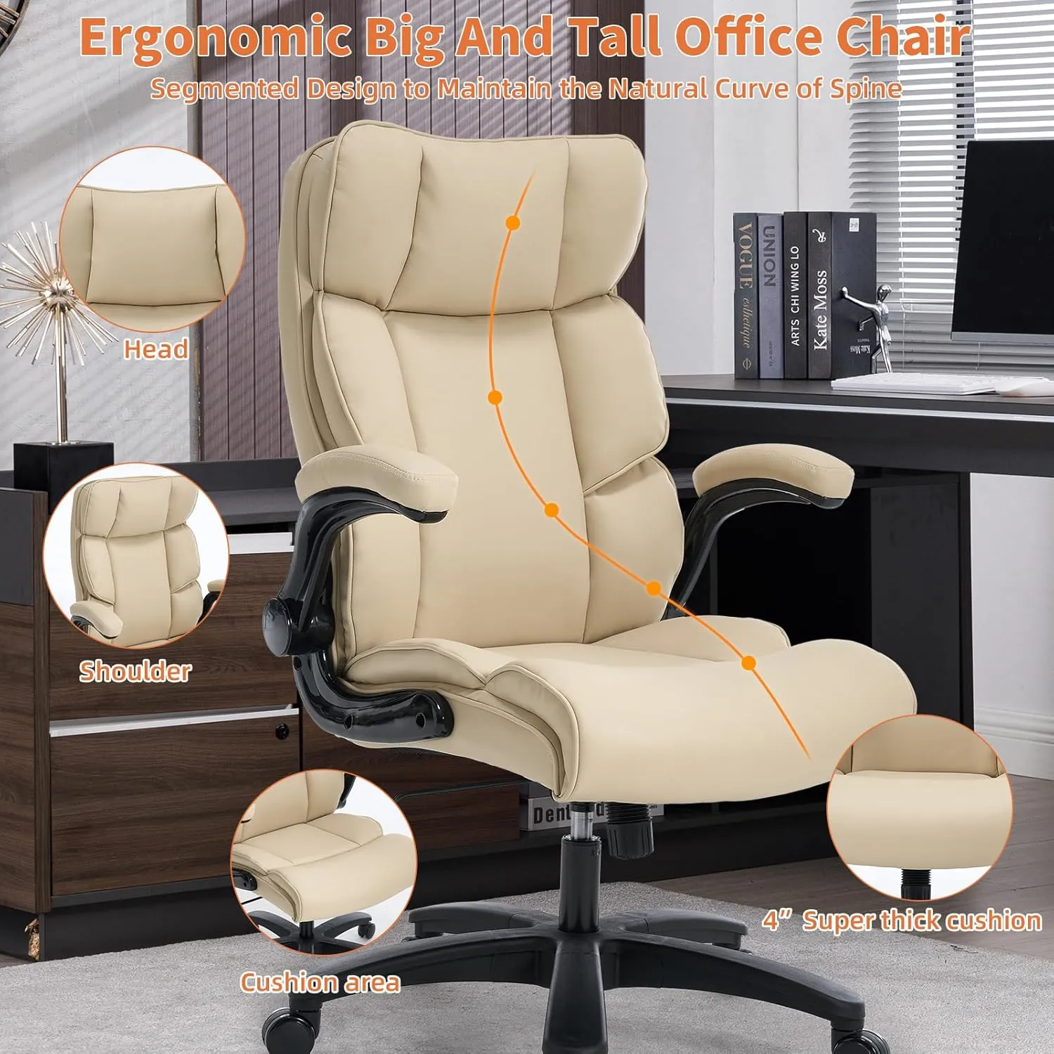 Big and Tall Office Chair 500lbs Wide Seat Executive Office Desk Chair High-Back Office Task Chair with Flip-Up Armrest, Ergonomic Lumbar Support Computer Office Chairs for Heavy People(Beige)