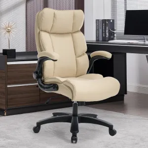Big and Tall Office Chair 500lbs Wide Seat Executive Office Desk Chair High-Back Office Task Chair with Flip-Up Armrest, Ergonomic Lumbar Support Computer Office Chairs for Heavy People(Beige)