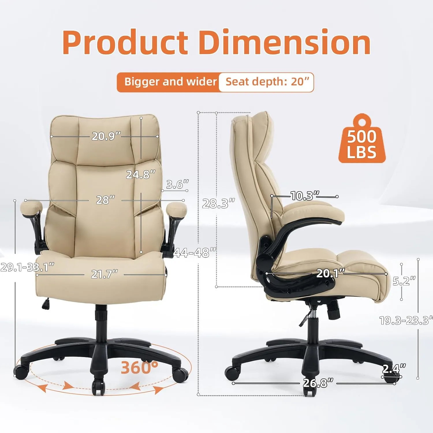 Big and Tall Office Chair 500lbs Wide Seat Executive Office Desk Chair High-Back Office Task Chair with Flip-Up Armrest, Ergonomic Lumbar Support Computer Office Chairs for Heavy People(Beige)