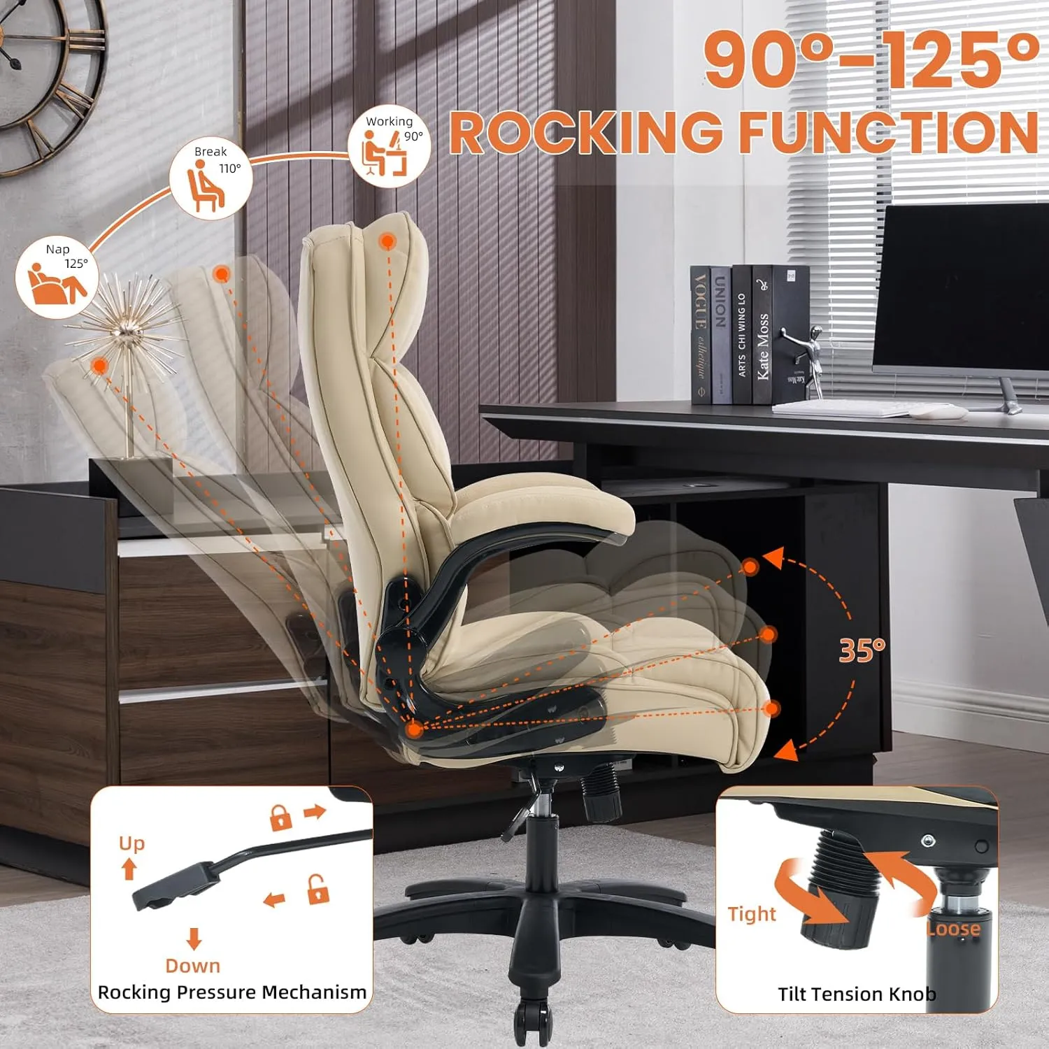Big and Tall Office Chair 500lbs Wide Seat Executive Office Desk Chair High-Back Office Task Chair with Flip-Up Armrest, Ergonomic Lumbar Support Computer Office Chairs for Heavy People(Beige)