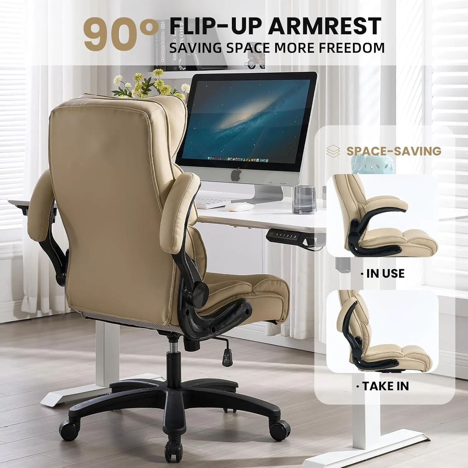 Big and Tall Office Chair 500lbs Wide Seat Executive Office Desk Chair High-Back Office Task Chair with Flip-Up Armrest, Ergonomic Lumbar Support Computer Office Chairs for Heavy People(Beige)