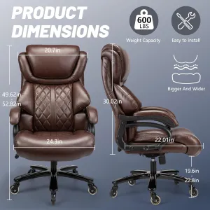 Big and Tall Office Chair 600lbs- High Back Executive Computer Chair for Heavy People with Adjustable Lumbar Support and Quiet Wheels- Large Desk Chair for Home Office (Brown)