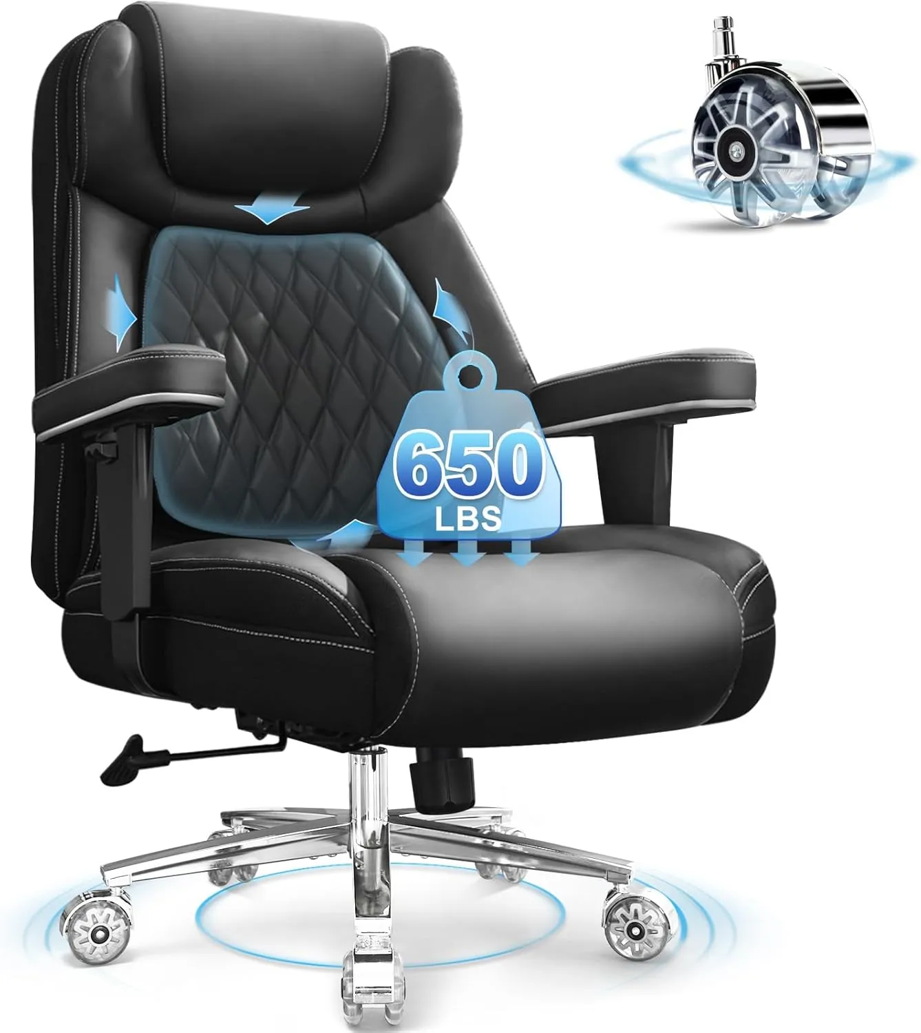 Big and Tall Office Chair 650lbs,Heavy Duty Office Chairs with Dual Rubber Wheels,Extra Wide Desk Chair,Adjustable Ergonomic Lumbar Support,High Back Rocking Computer Chair for Heavy People