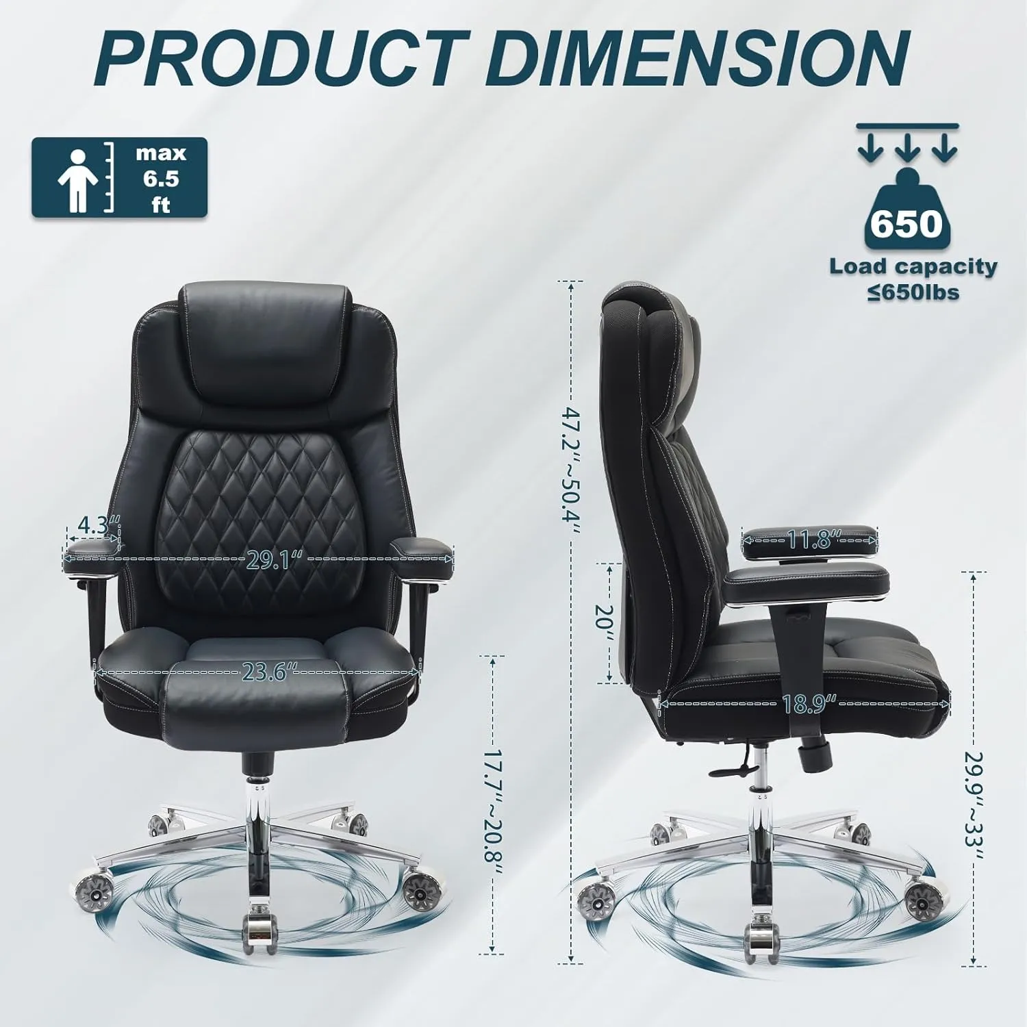 Big and Tall Office Chair 650lbs,Heavy Duty Office Chairs with Dual Rubber Wheels,Extra Wide Desk Chair,Adjustable Ergonomic Lumbar Support,High Back Rocking Computer Chair for Heavy People