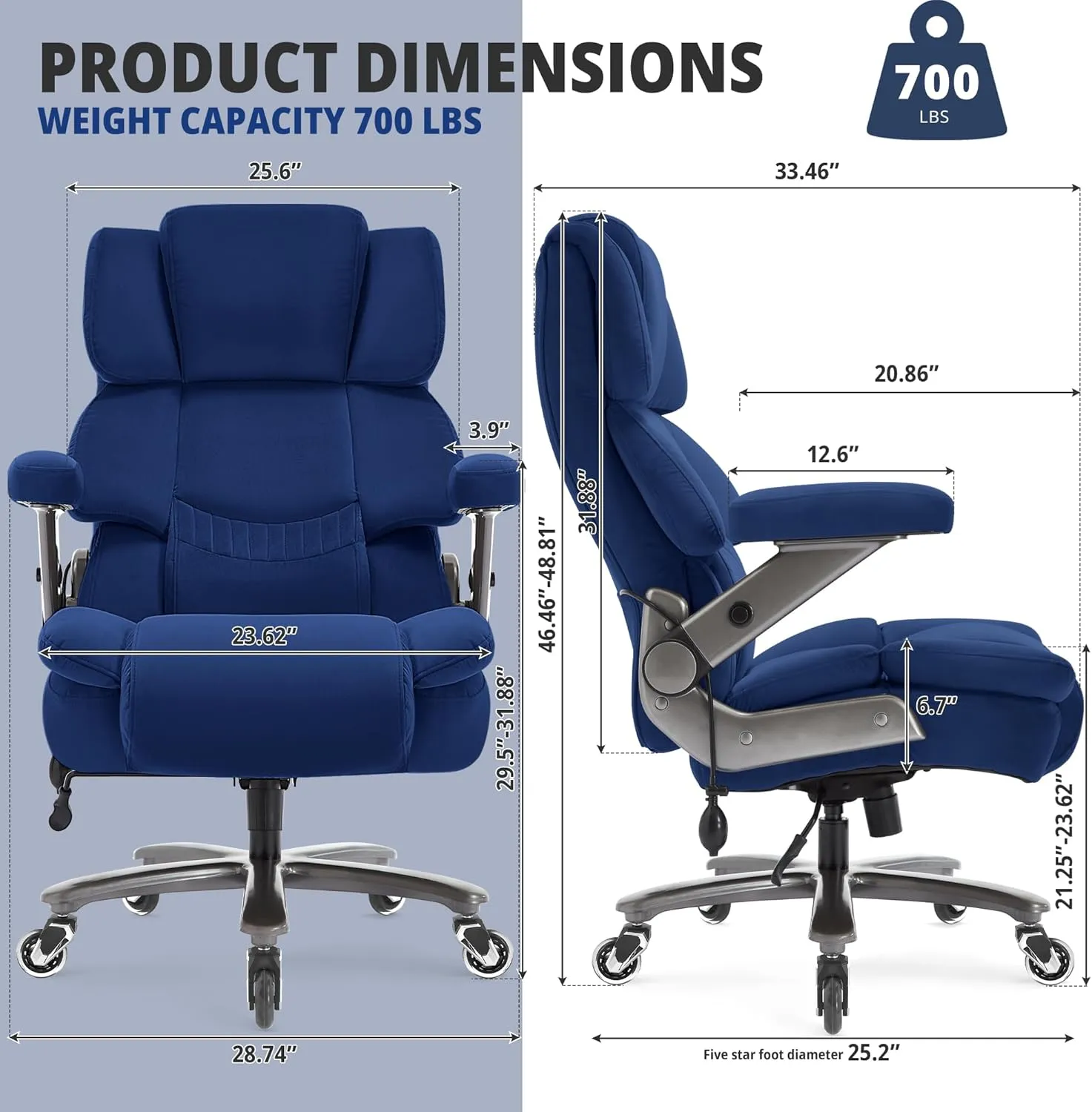 Big and Tall Office Chair 700lbs- Fabric High Back Executive Computer Chair with Adjustable Lumbar Support 3D Flip Arms Plus Size Rubber Wheels- Extra Wide Large Desk Chairs, Heavy Duty Metal Base