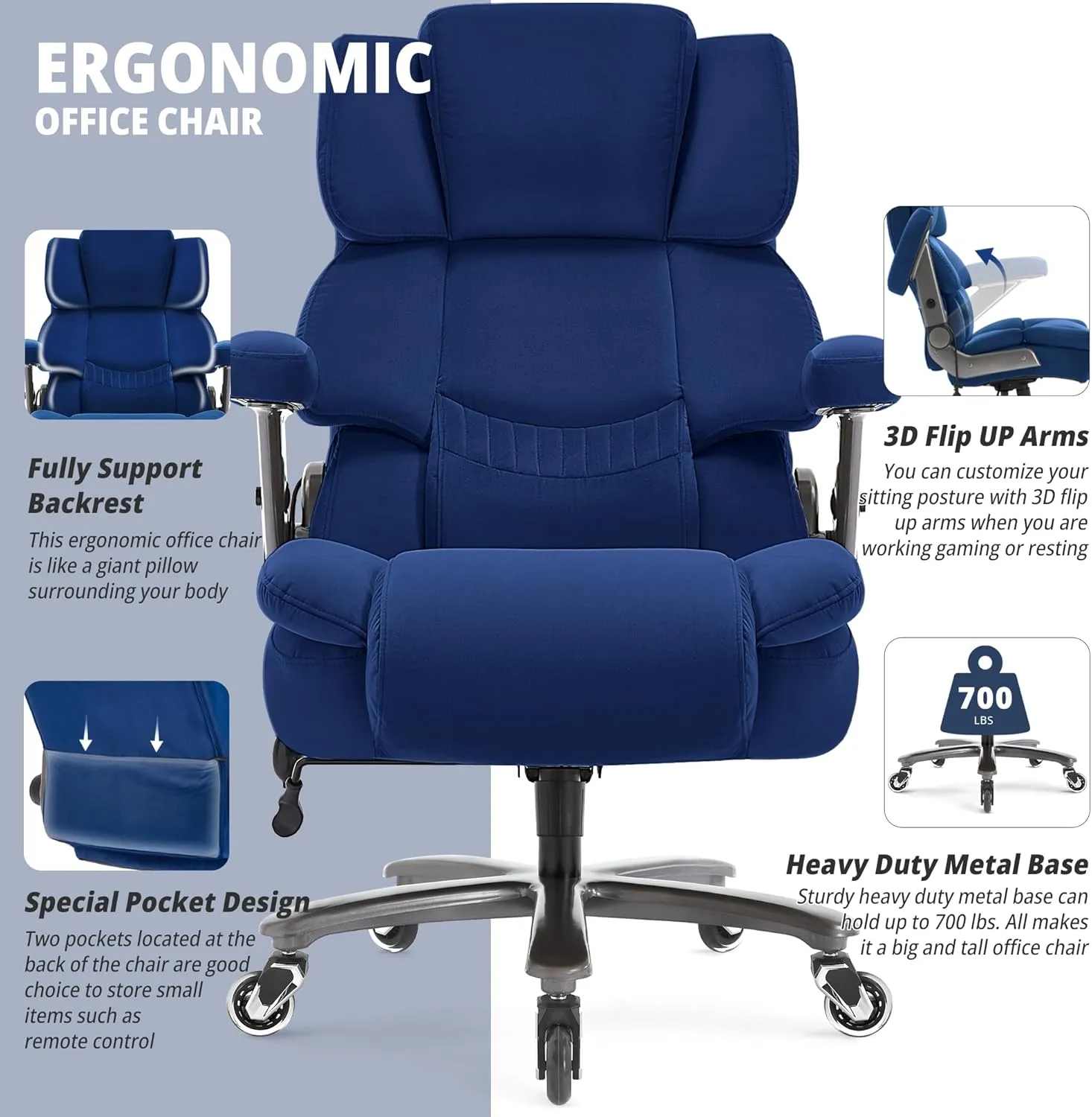 Big and Tall Office Chair 700lbs- Fabric High Back Executive Computer Chair with Adjustable Lumbar Support 3D Flip Arms Plus Size Rubber Wheels- Extra Wide Large Desk Chairs, Heavy Duty Metal Base