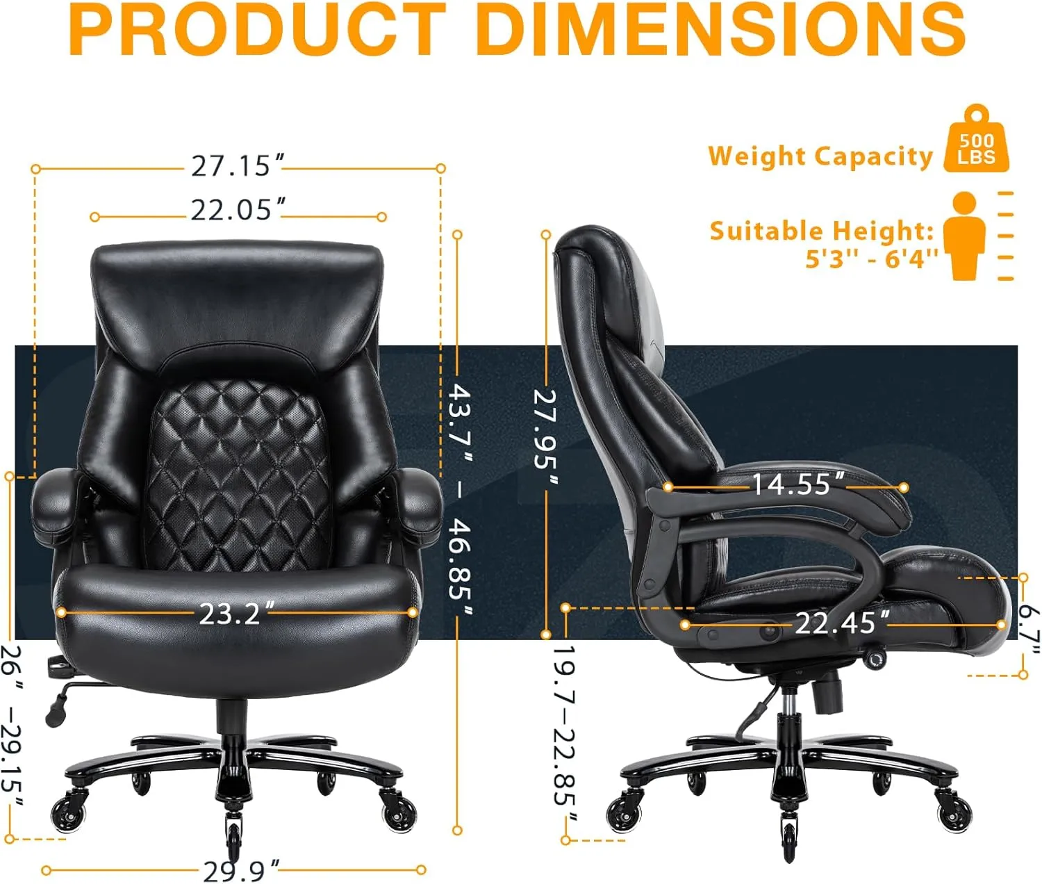 Big and Tall Office Chair for Heavy People, 500LBS High Back Extra Wide Heavy Duty Executive Office Chair Comfortable for Home Office, Large Computer Desk Chair with Adjustable Lumbar Support Black