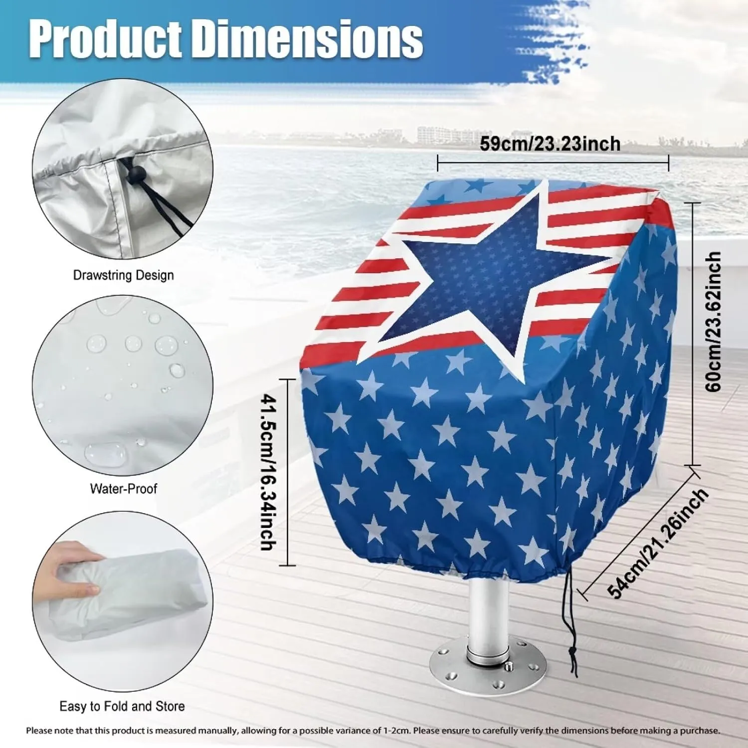 Boat Folding Seat Cover for 2 Pack American Flag Stars-Grade Waterproof Boat Seat Covers - Outdoor Use 23 x 21 x 24 Inch Chair Protective Covers