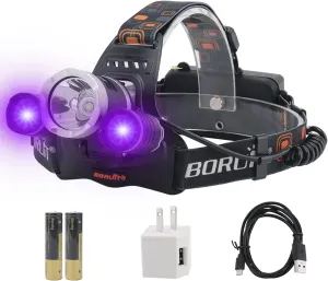 BORUIT RJ-3000 LED Black Light Headlamp,3 Modes White and UV Light Headlamp,Super Bright Rechargeable Blacklight Headlight Head Lamp for Hunting Camping Hiking Fishing Working