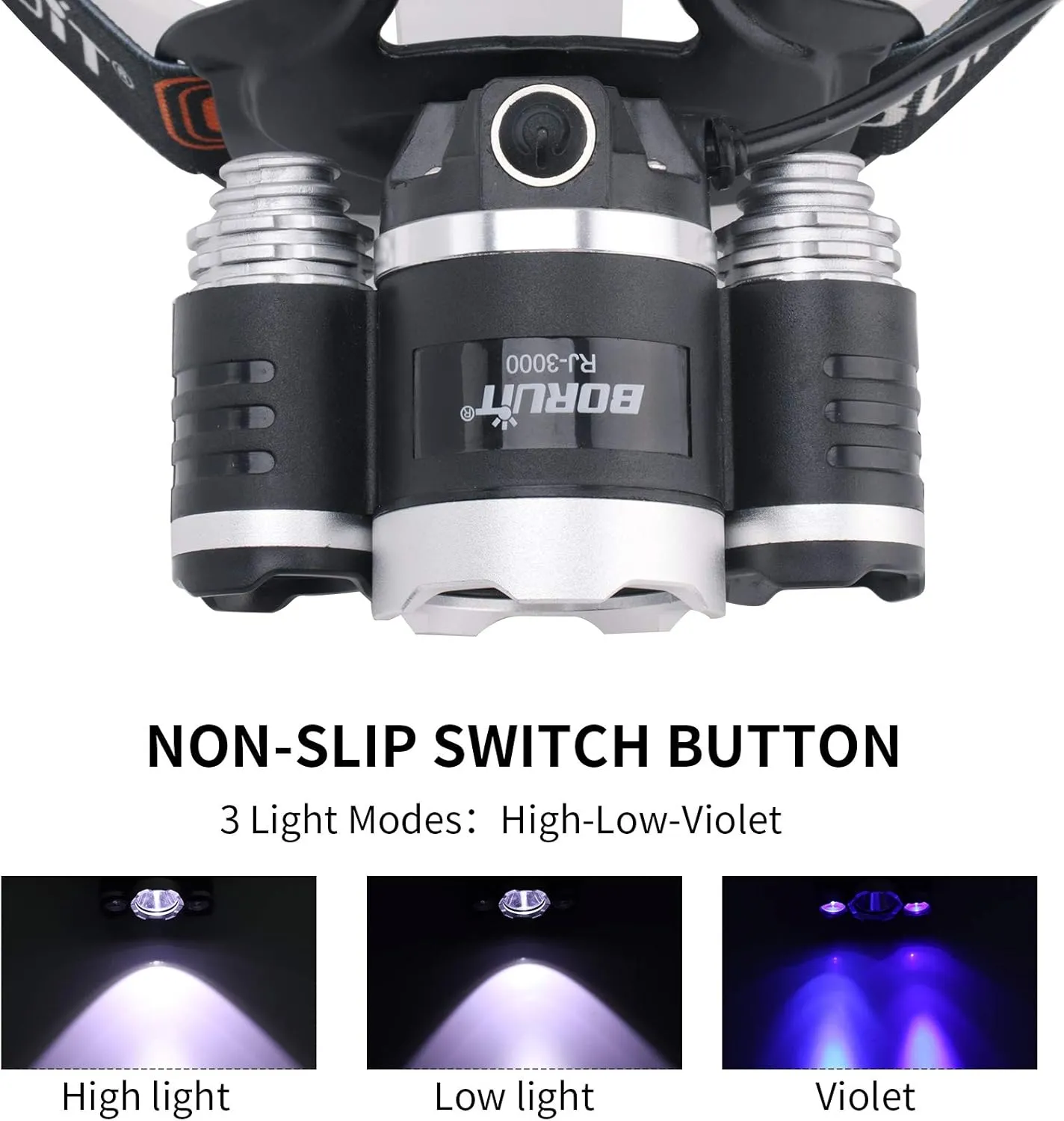 BORUIT RJ-3000 LED Black Light Headlamp,3 Modes White and UV Light Headlamp,Super Bright Rechargeable Blacklight Headlight Head Lamp for Hunting Camping Hiking Fishing Working