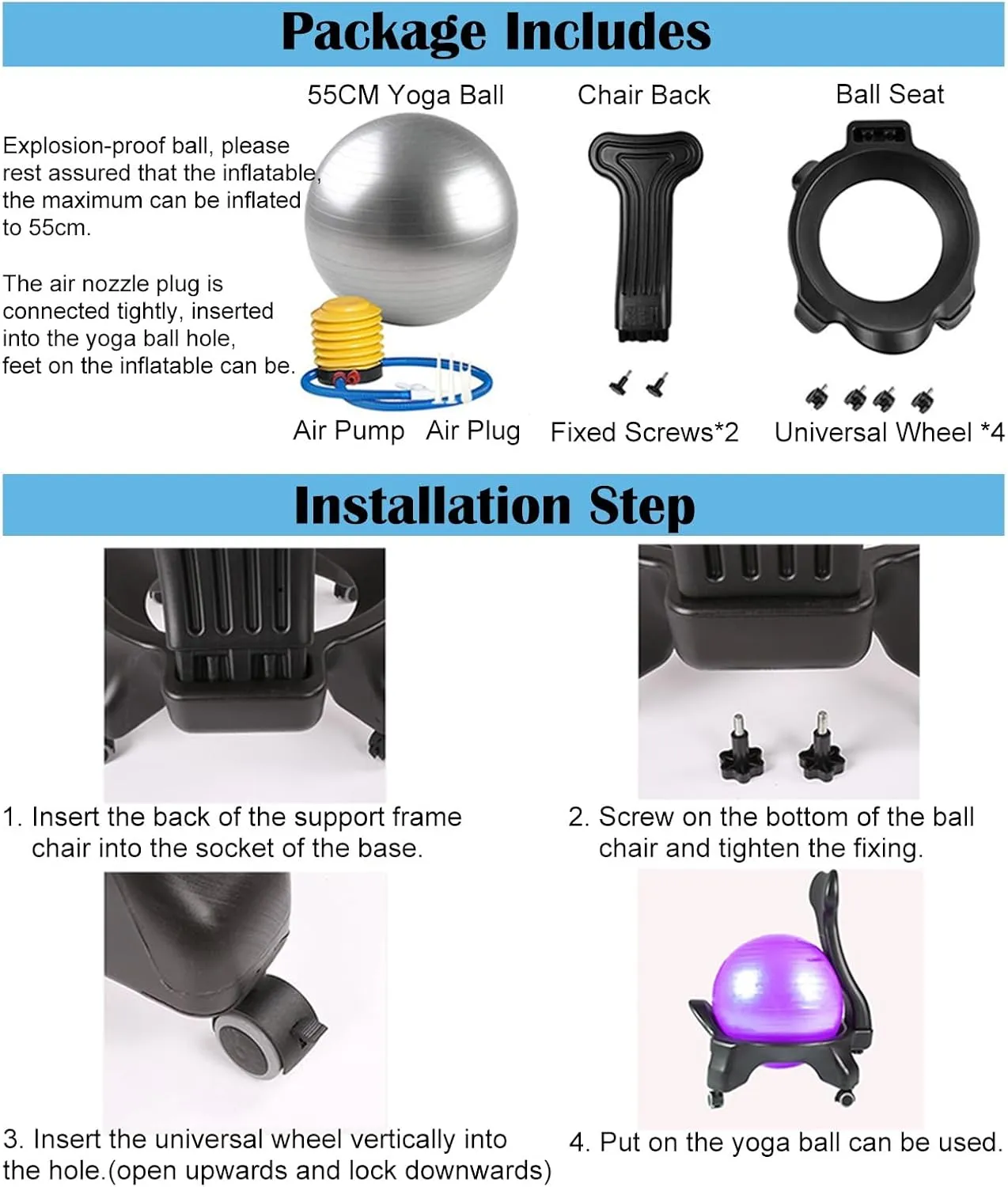Bouncy Ball Chair for Adults with Back & Wheels, Ergonomic Yoga Anti-Burst Ball Office Chairs for Heavy People/Pregnancy, Birthing Ball Strength Posture(Ball Chair (Without Ball))