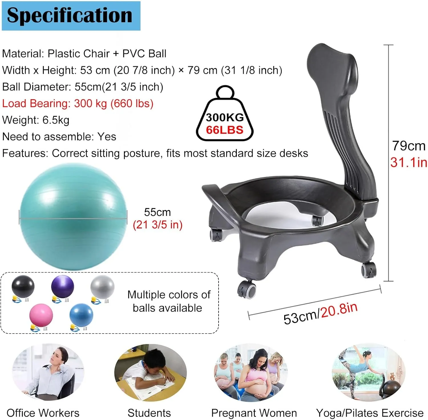Bouncy Ball Chair for Adults with Back & Wheels, Ergonomic Yoga Anti-Burst Ball Office Chairs for Heavy People/Pregnancy, Birthing Ball Strength Posture(Ball Chair (Without Ball))