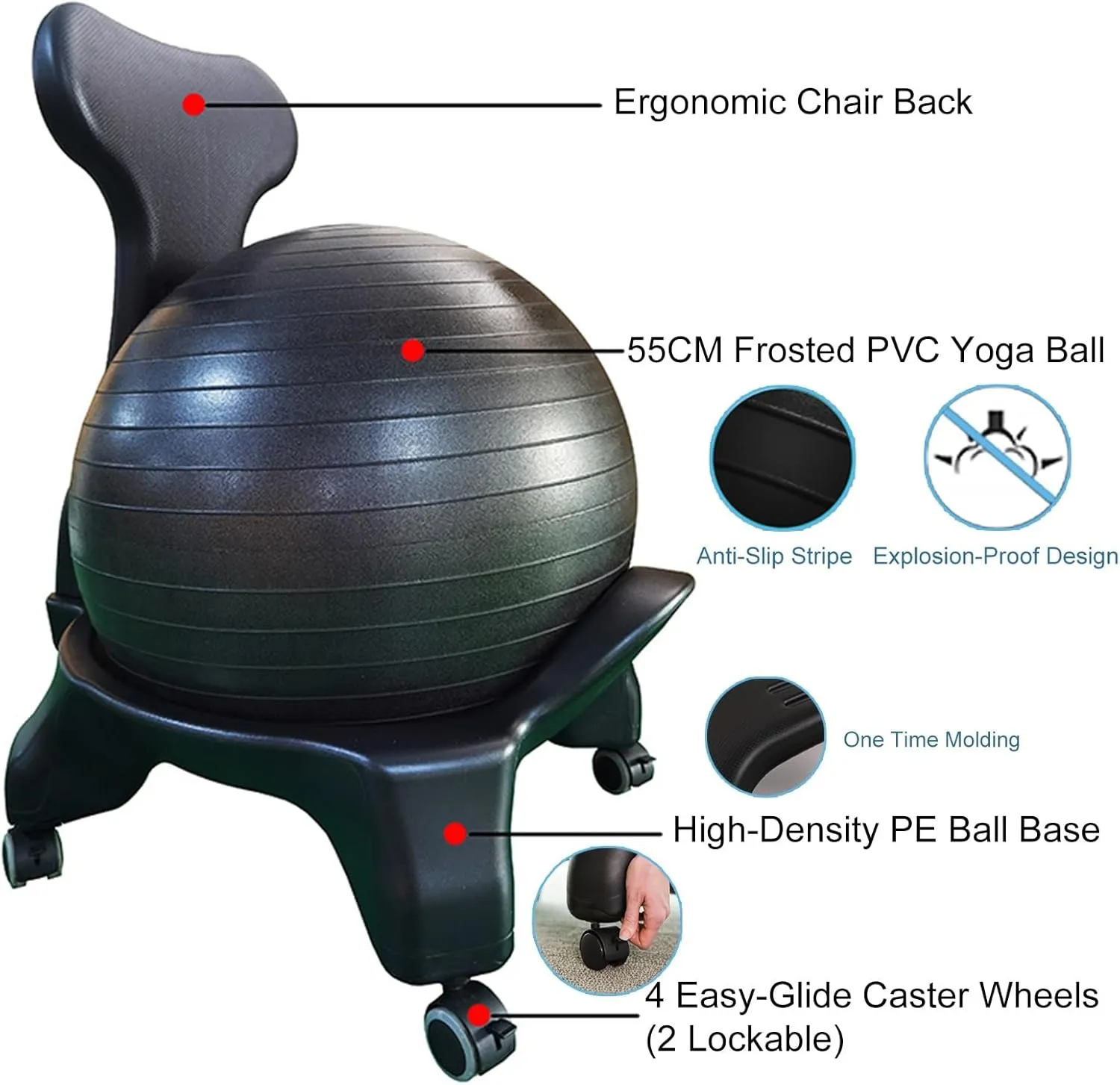 Bouncy Ball Chair for Adults with Back & Wheels, Ergonomic Yoga Anti-Burst Ball Office Chairs for Heavy People/Pregnancy, Birthing Ball Strength Posture(Ball Chair (Without Ball))