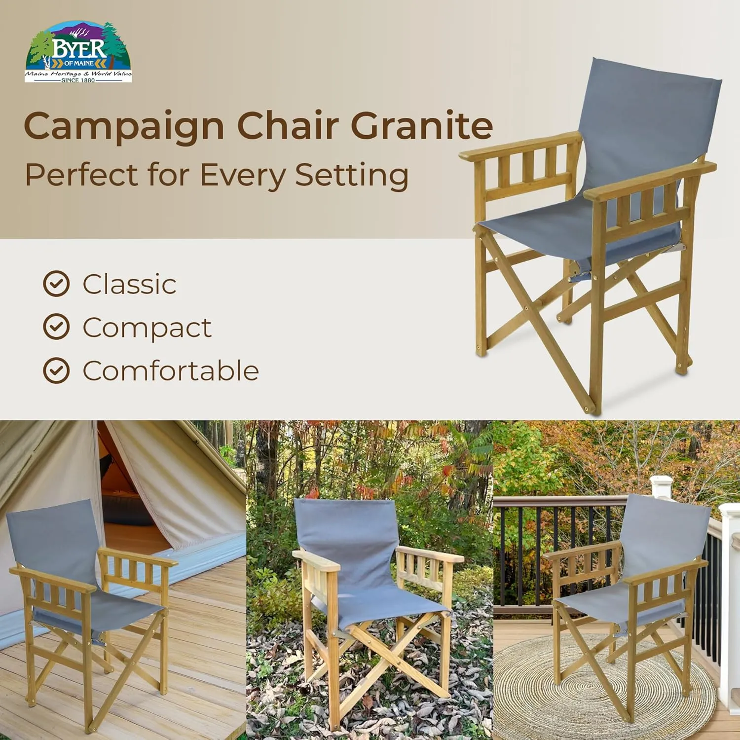 BYER OF MAINE Pangean Campaign Chair – Lightweight, Portable Ash Wood Folding Chair with Heavy-Duty Canvas Sling – Ideal Patio, Deck & Camping Seat (20″D × 23″W × 36″H, 250 lbs) in Granite