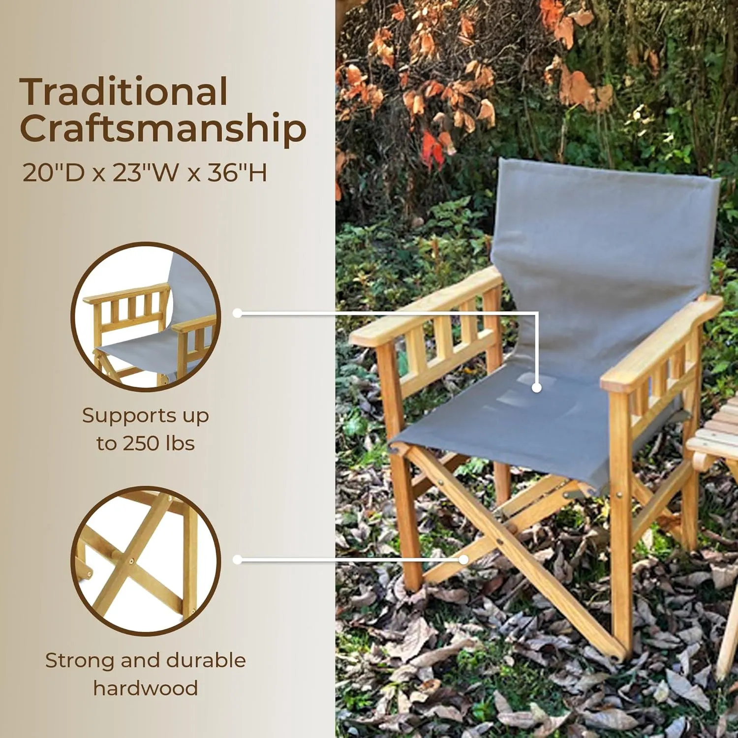 BYER OF MAINE Pangean Campaign Chair – Lightweight, Portable Ash Wood Folding Chair with Heavy-Duty Canvas Sling – Ideal Patio, Deck & Camping Seat (20″D × 23″W × 36″H, 250 lbs) in Granite
