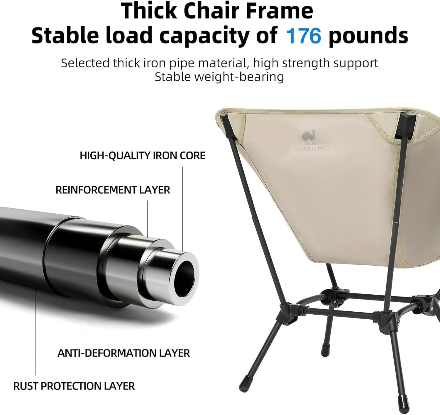 CAMEL CROWN Folding Camping Chair, Lightweight Portable Compact Lawn Chair with Side Pocket for Outdoor Travel Beach Picnic Hiking Backpacking Khaki
