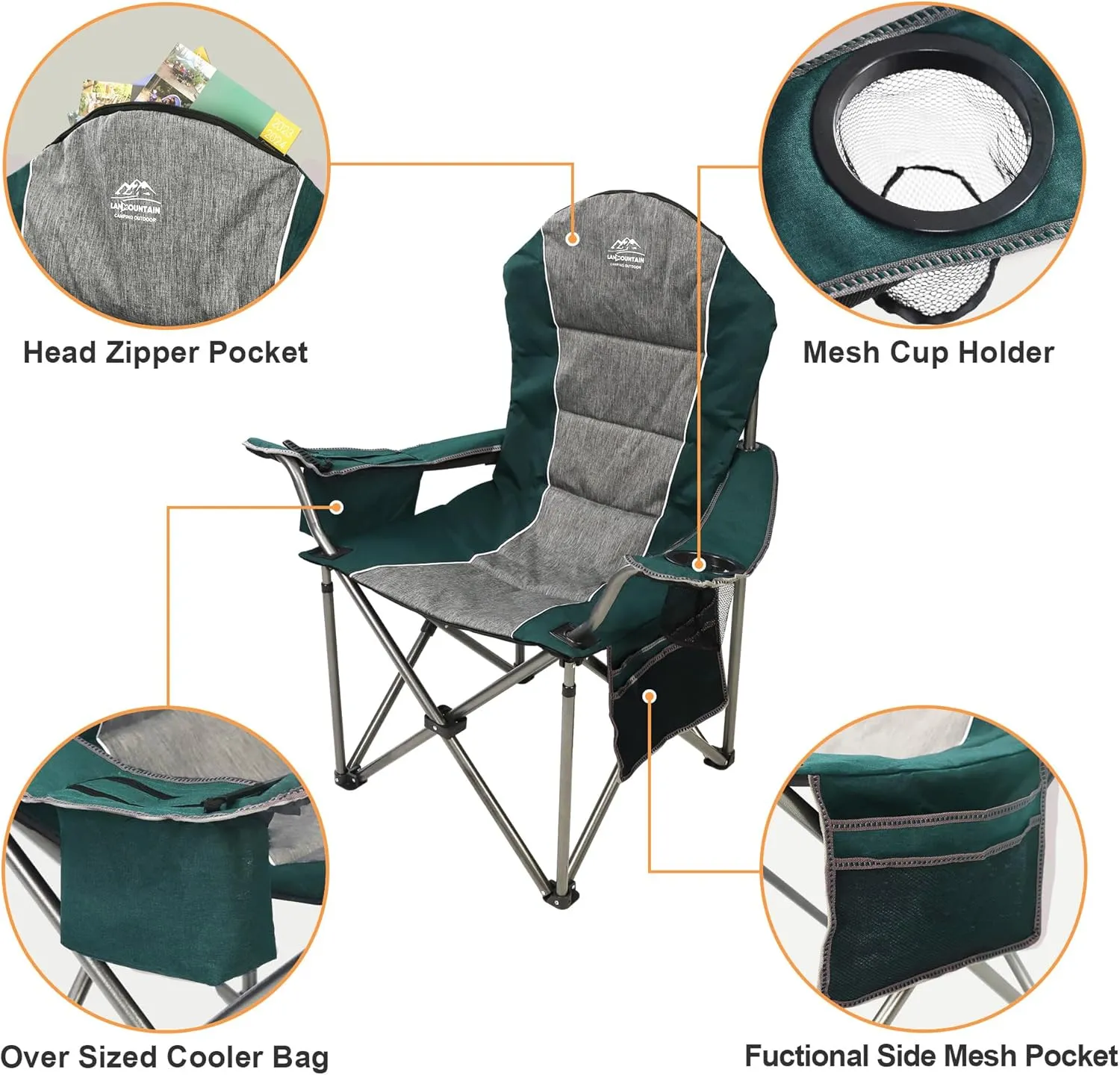 Camping Chairs for Adults,High Back Folding Camp Chair with Cup Holder and Cooler Bag,Heavy Duty Outdoor Lawn Chairs,Perfect for Camping,Hiking,Picnics,and Beach Trips,Dark Green…