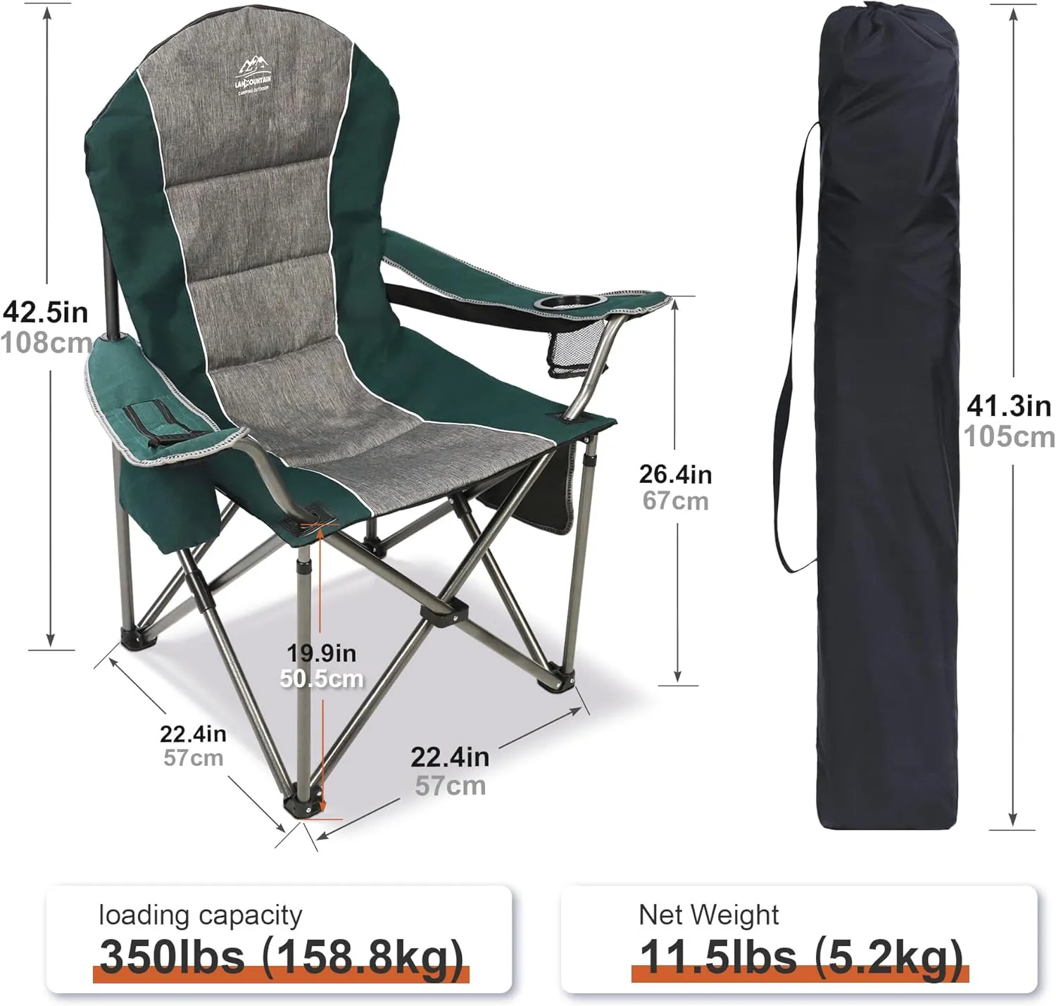 Camping Chairs for Adults,High Back Folding Camp Chair with Cup Holder and Cooler Bag,Heavy Duty Outdoor Lawn Chairs,Perfect for Camping,Hiking,Picnics,and Beach Trips,Dark Green…