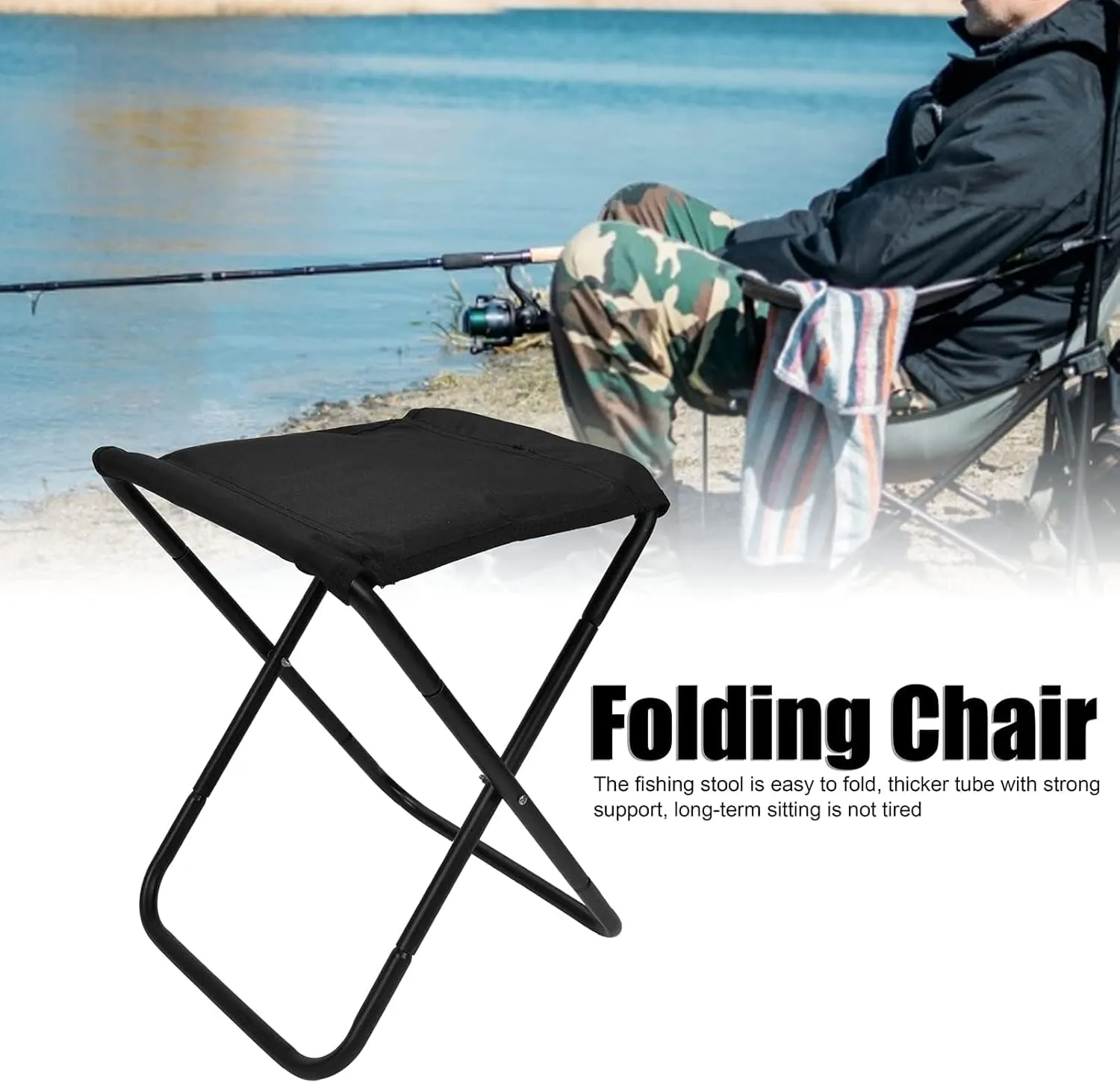 Camping Stool, Portable Folding Compact Lightweight Fishing Chair, Strong Support Camping Foot Rest with Storage Bag, for Travel, Hiking, BBQ, Fishing(Black)