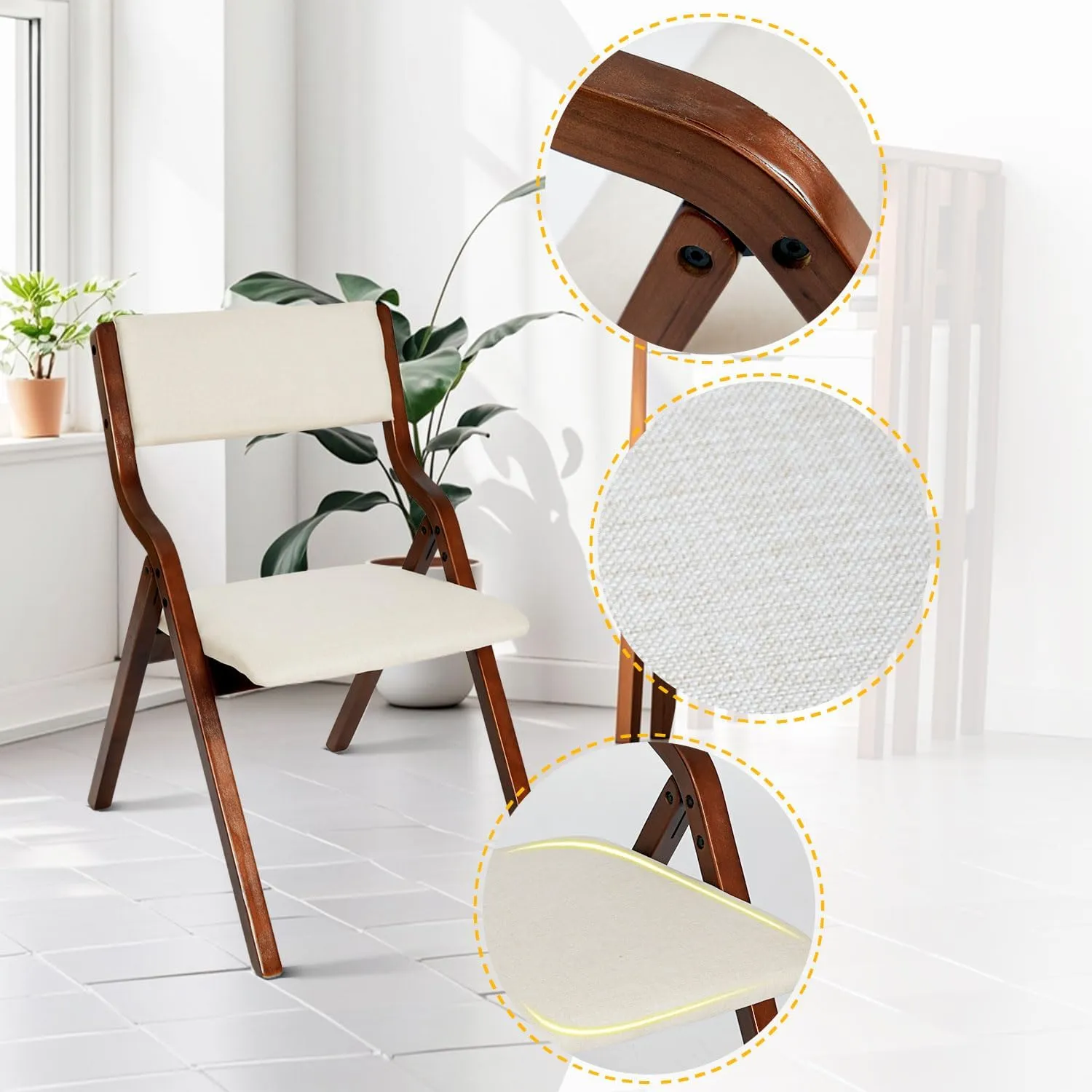CangLong 18" Dining Chairs Set of 2, Foldable Chairs with Padded Seats and Solid Wood Frame for Dining, Living Room & Meeting Room, Walnut Beige