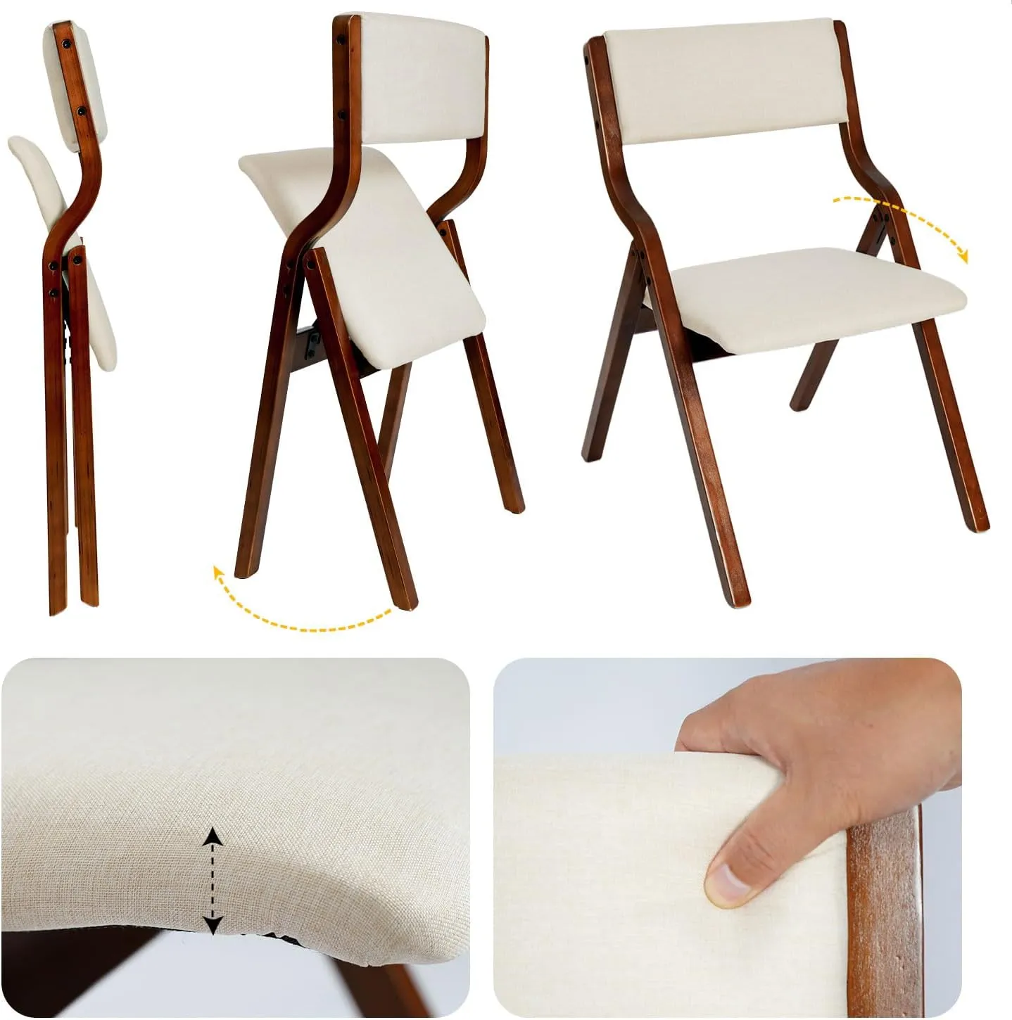 CangLong 18" Dining Chairs Set of 2, Foldable Chairs with Padded Seats and Solid Wood Frame for Dining, Living Room & Meeting Room, Walnut Beige