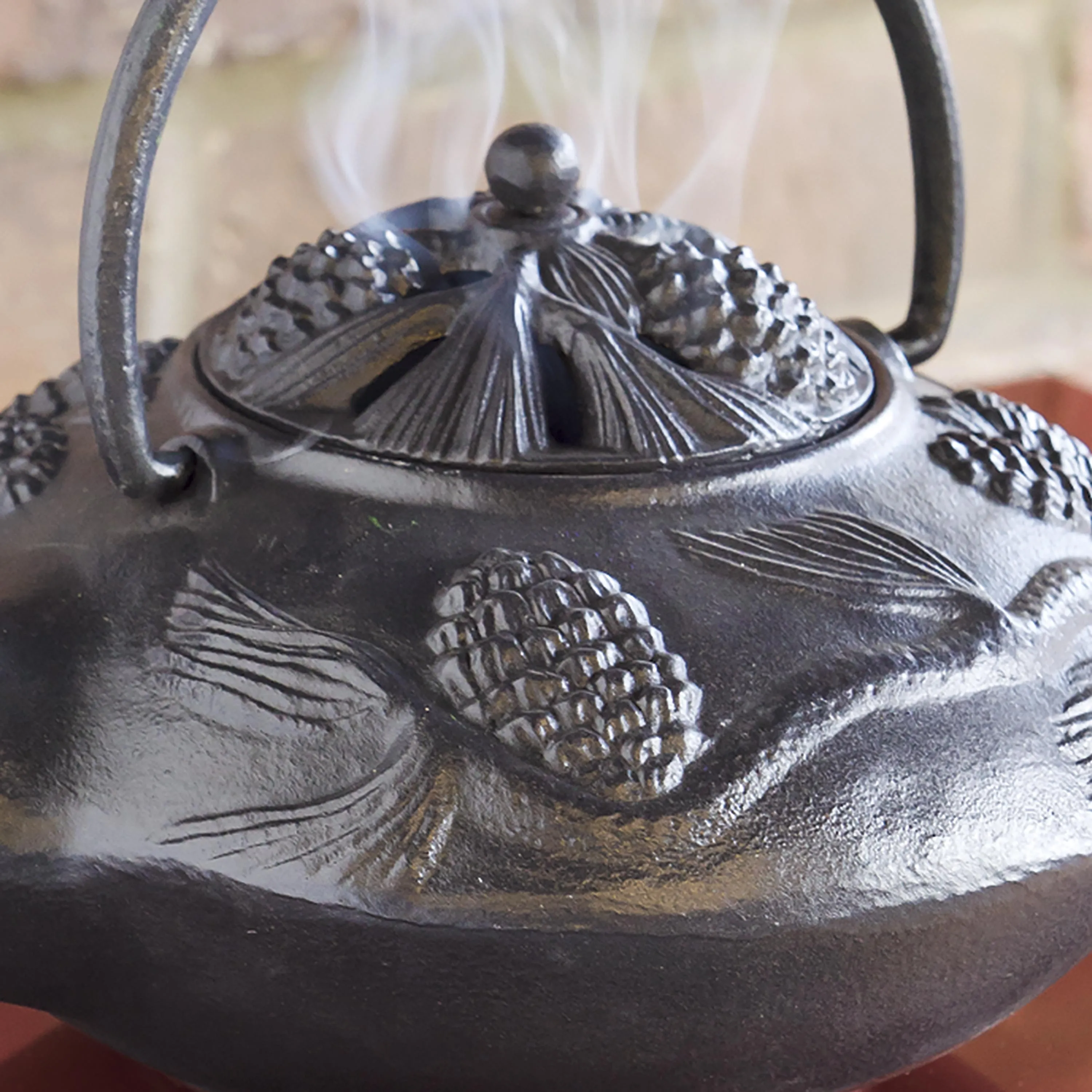 Cast Iron Wood Stove Kettle Steamer with Pine Cone Design