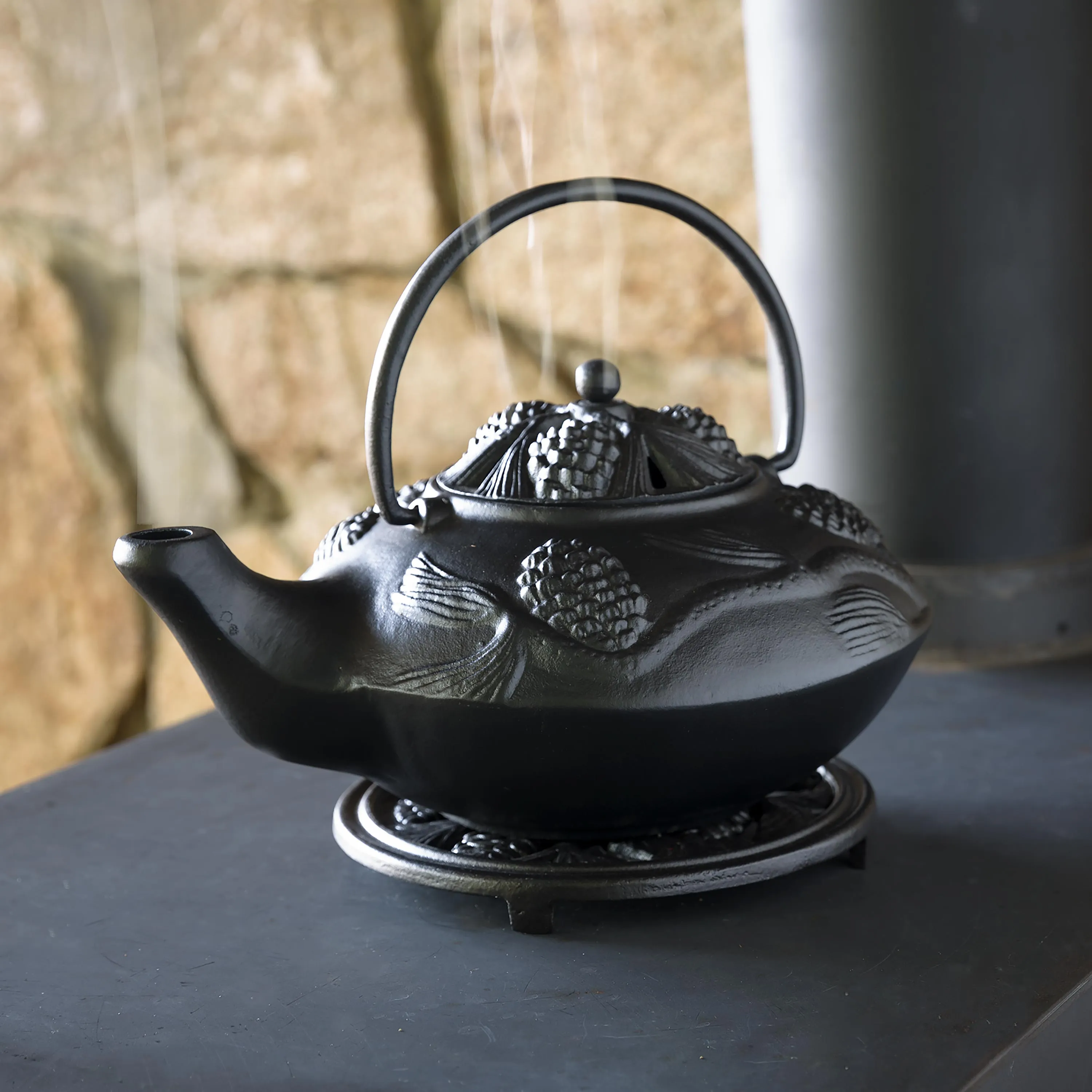Cast Iron Wood Stove Kettle Steamer with Pine Cone Design