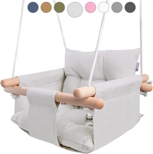 CaTeam - Canvas Baby Swing, Wooden Hanging Swing Seat Chair with Safety Belt, Durable Baby Swing Chair, Outdoor and Indoor Swing for Kids, Mounting Hardware Included, Gray