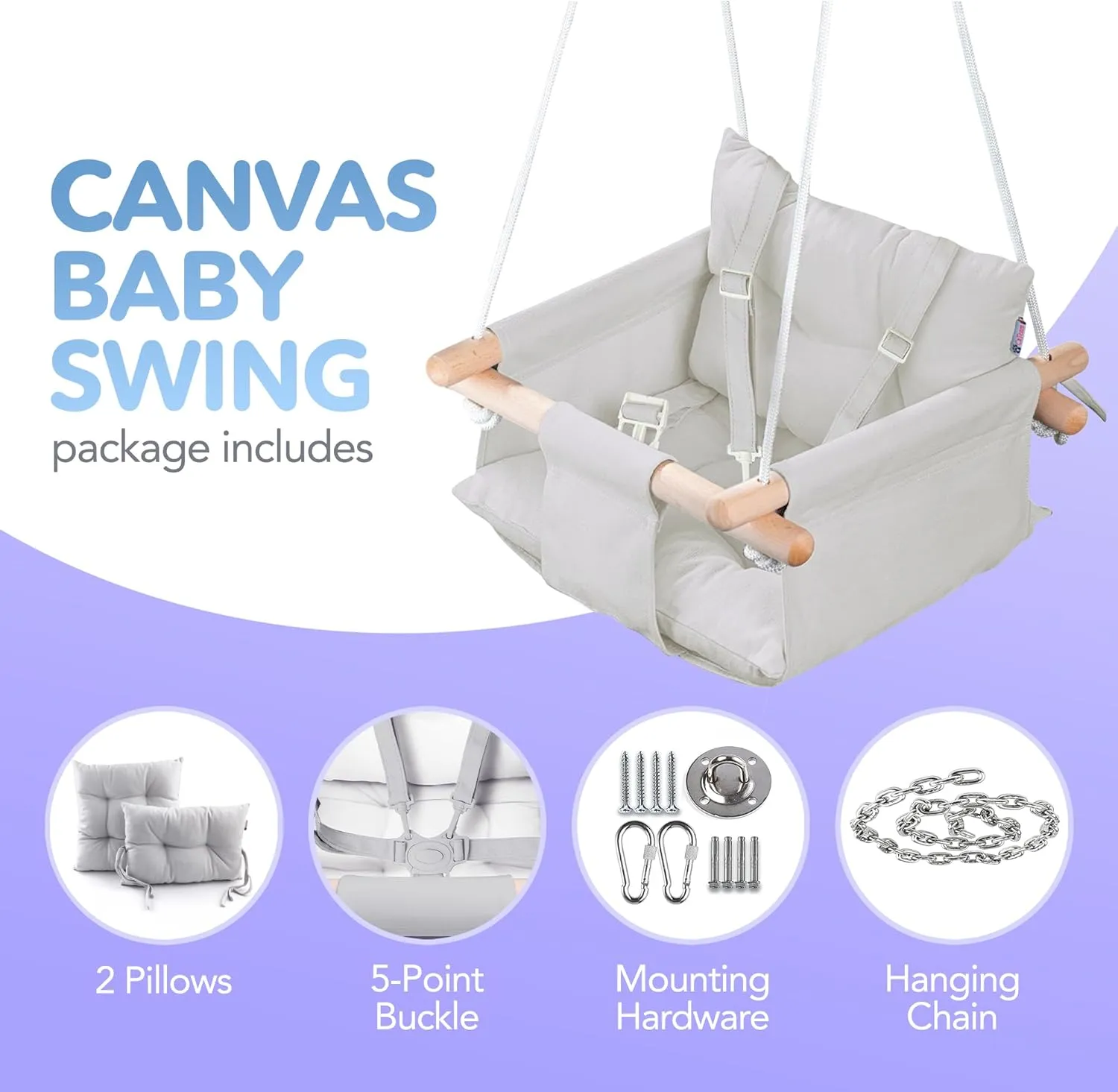 CaTeam - Canvas Baby Swing, Wooden Hanging Swing Seat Chair with Safety Belt, Durable Baby Swing Chair, Outdoor and Indoor Swing for Kids, Mounting Hardware Included, Gray