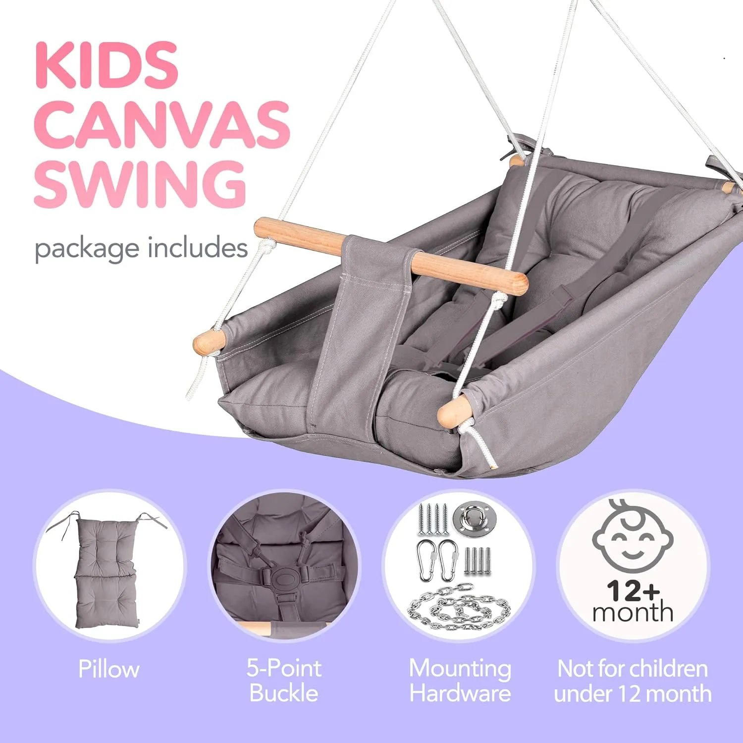 CaTeam Canvas Kids Swing, Wooden Hanging Seat Chair with Safety Belt, Durable Toddler Seat, Suitable for Outdoor and Indoor Use, Mounting Hardware Included, Dark Gray