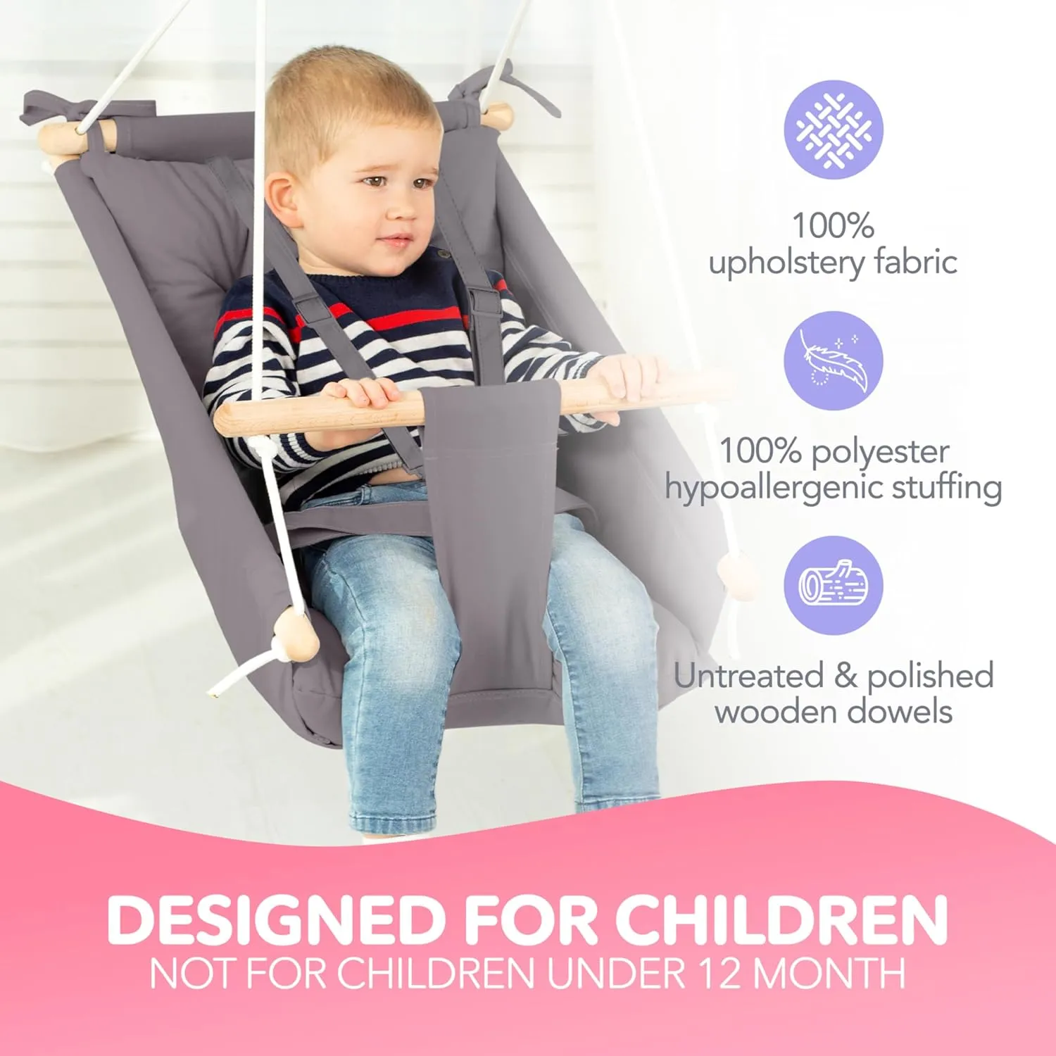CaTeam Canvas Kids Swing, Wooden Hanging Seat Chair with Safety Belt, Durable Toddler Seat, Suitable for Outdoor and Indoor Use, Mounting Hardware Included, Dark Gray