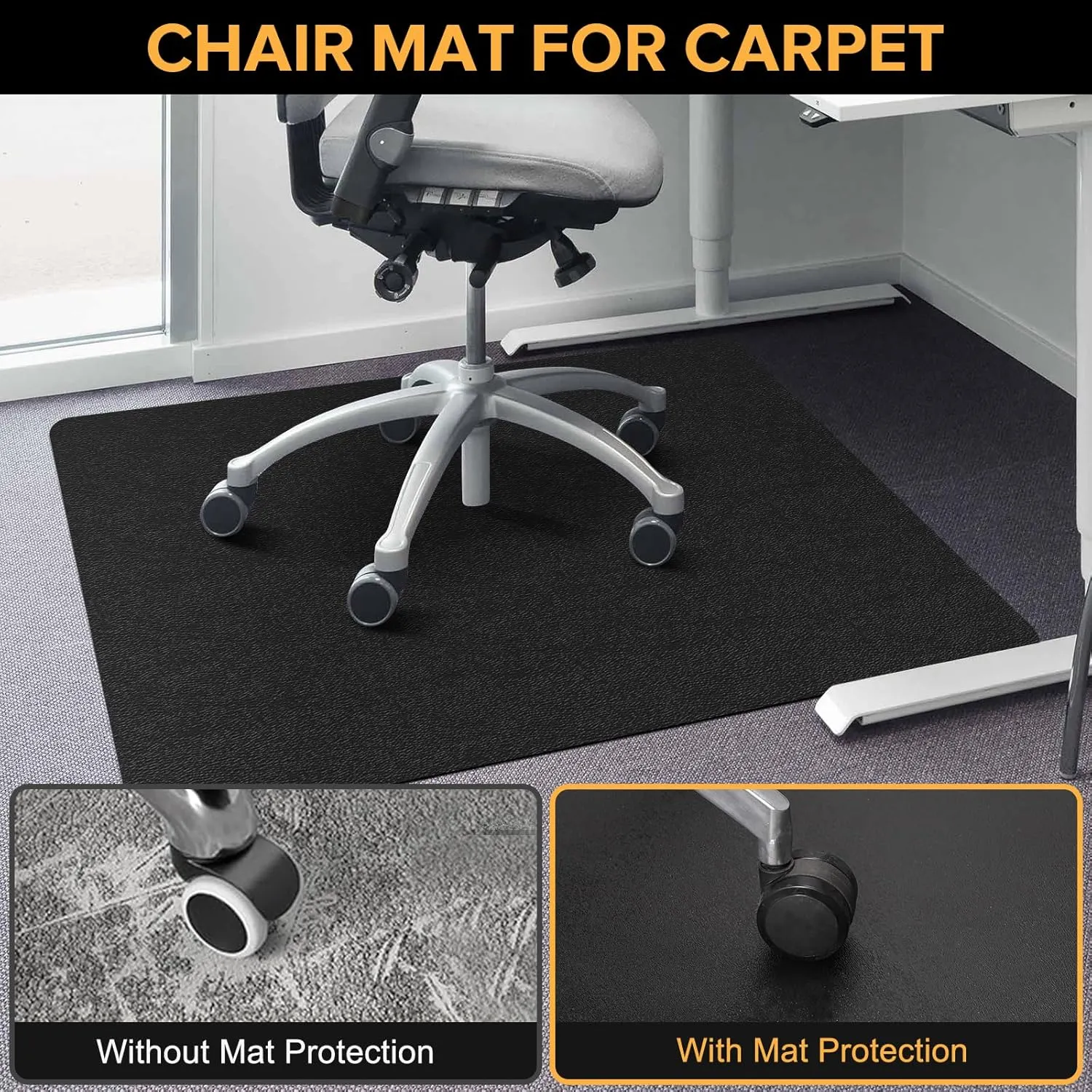 Chair Mat for Carpet, 60" x 46" Large Chair Mat for Carpeted Floors, Heavy Duty Floor Protector Rolling Computer Desk Mat with Grips, Vinyl Floor Mat for Home Office (Black)