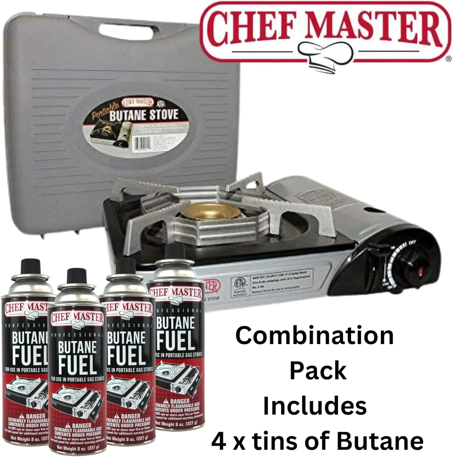 Chef-Master 90011 Butane Countertop Stove, 10 000 BTU Portable with Carry Case, High Performance, Piezo Ignition, Brass Burner, Safety Stop