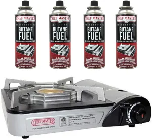 Chef-Master 90011 Butane Countertop Stove, 10 000 BTU Portable with Carry Case, High Performance, Piezo Ignition, Brass Burner, Safety Stop