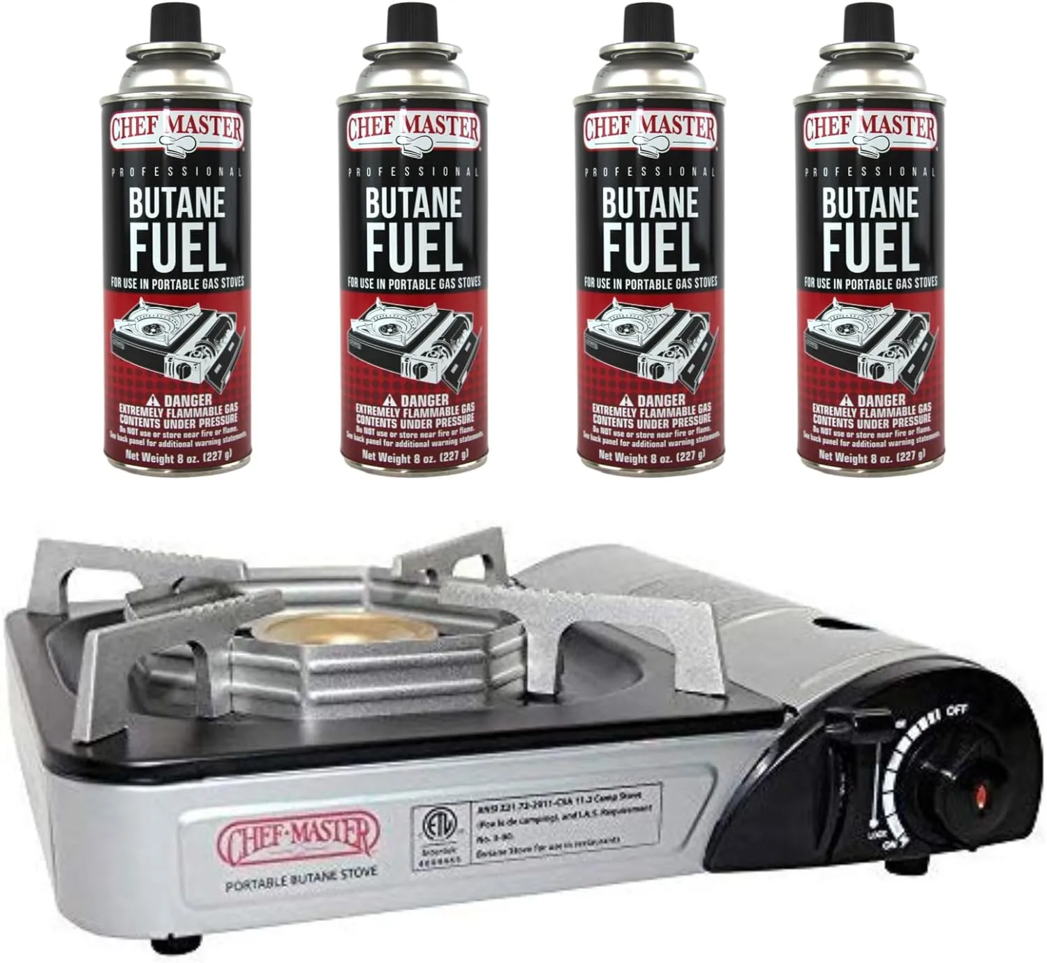 Chef-Master 90011 Butane Countertop Stove, 10 000 BTU Portable with Carry Case, High Performance, Piezo Ignition, Brass Burner, Safety Stop