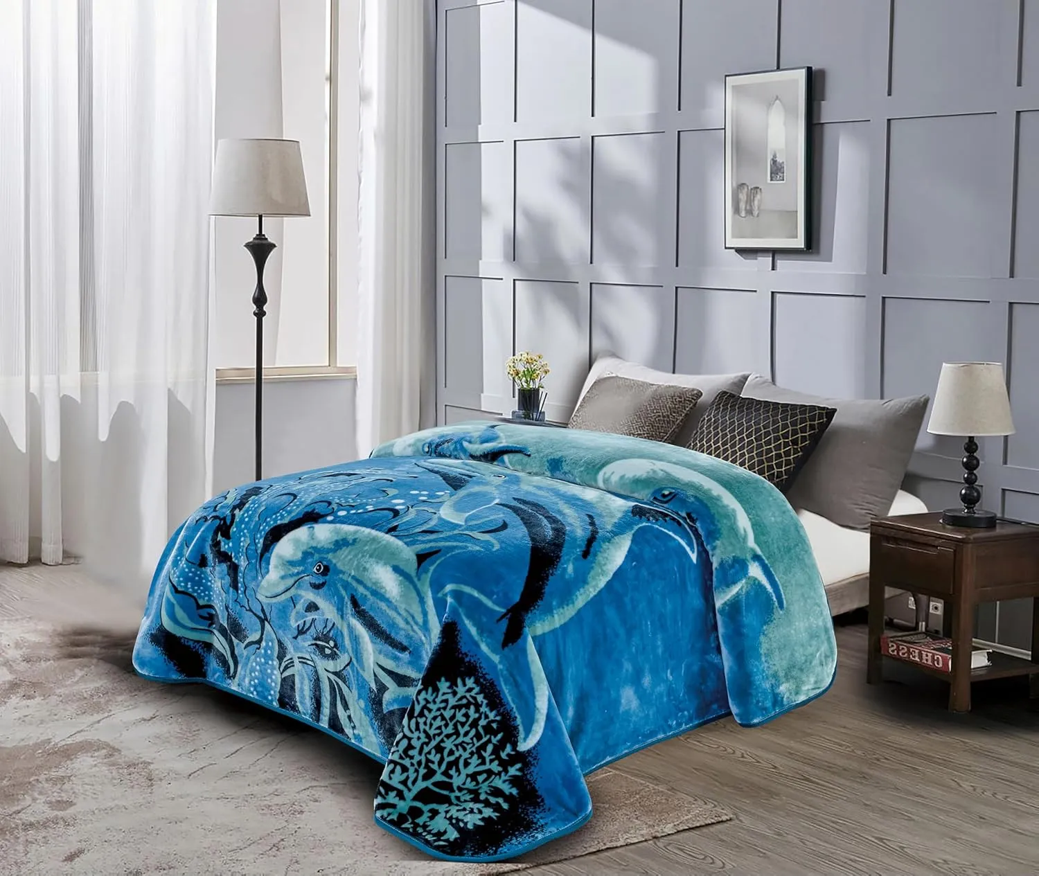 Chezmoi Collection Heavy Single Ply 9 Lbs Korean Style Faux Mink Blanket, Reversible 750GSM Thick Silky Soft Plush Raschel Mink Blanket, 85" x 95" King, Dolphins