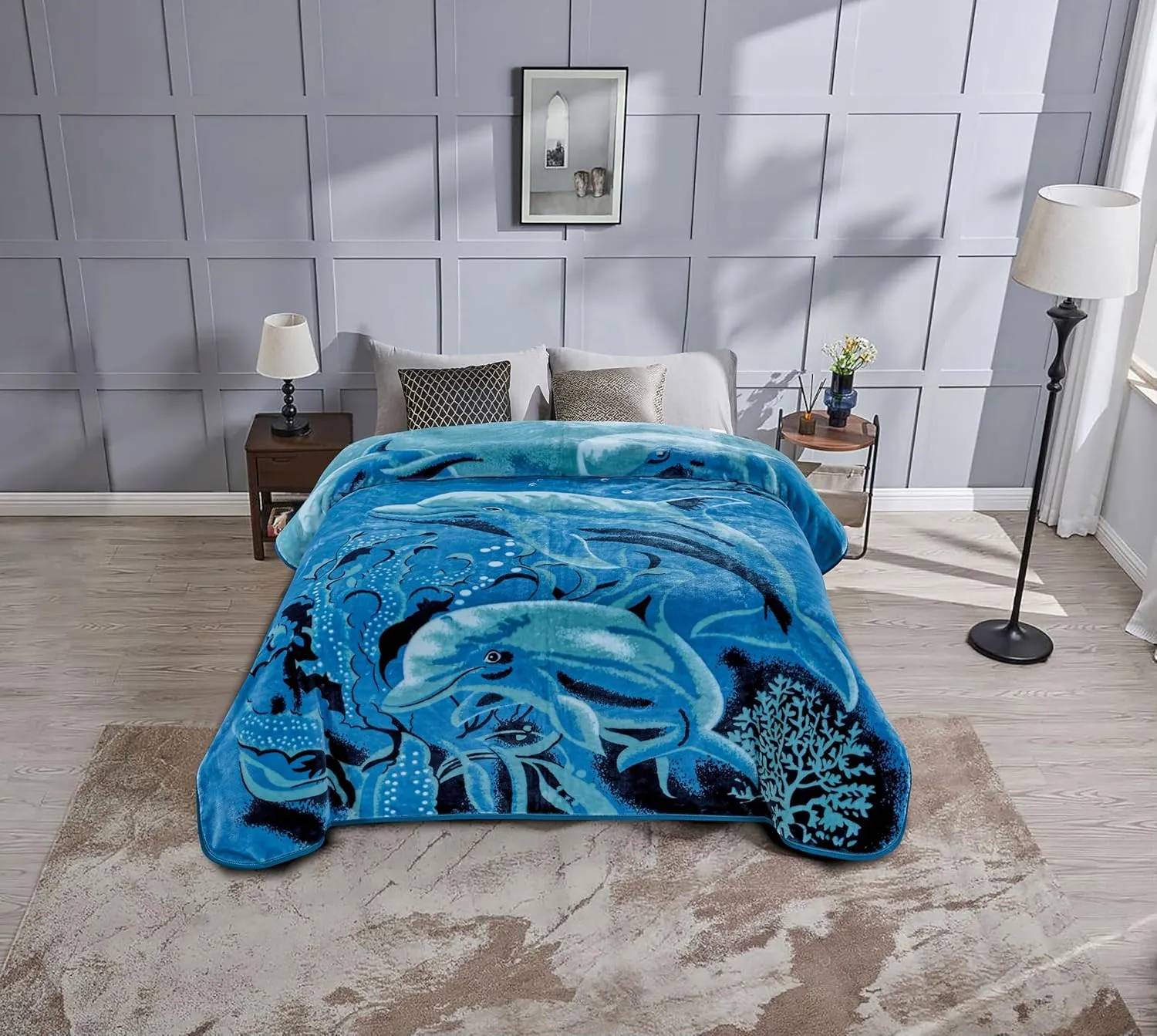 Chezmoi Collection Heavy Single Ply 9 Lbs Korean Style Faux Mink Blanket, Reversible 750GSM Thick Silky Soft Plush Raschel Mink Blanket, 85" x 95" King, Dolphins