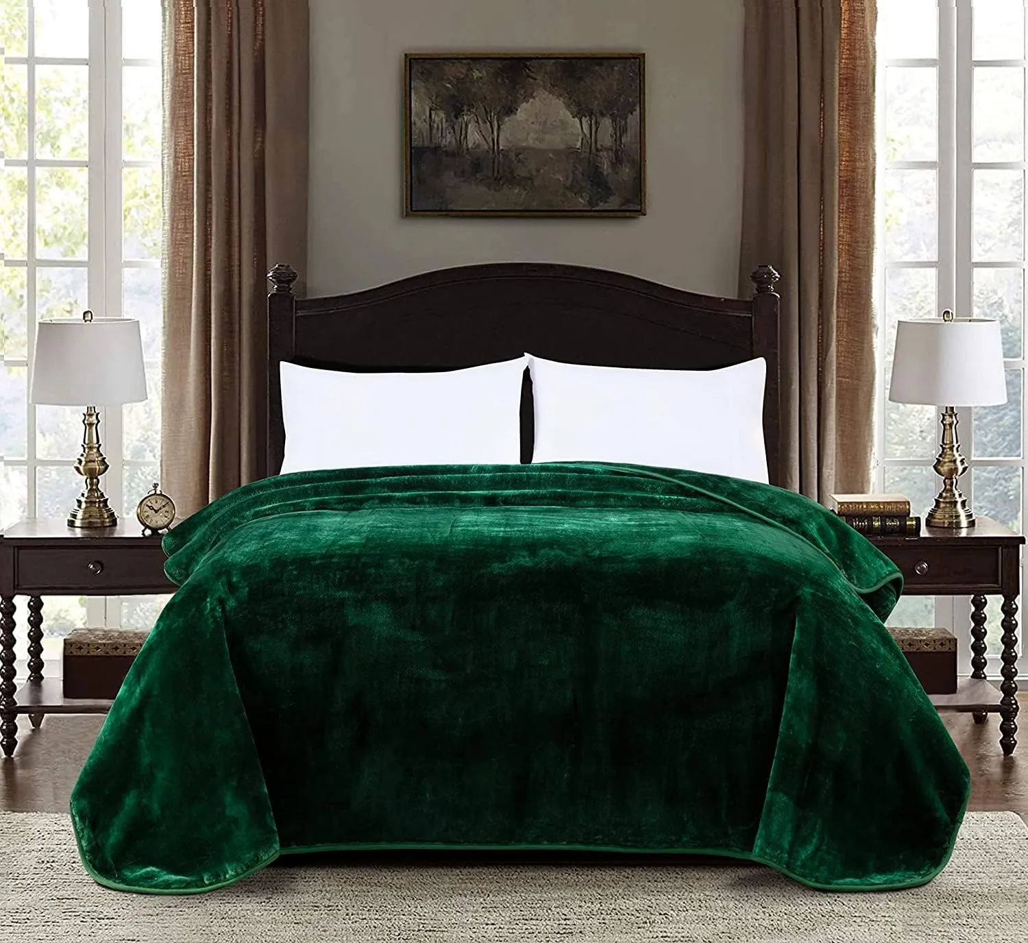 Chezmoi Collection Solid Green Bed Blanket Heavy Thick One Ply Fur Korean Mink Blanket King Size (Oversized Queen) 85"x95", 9-Pound